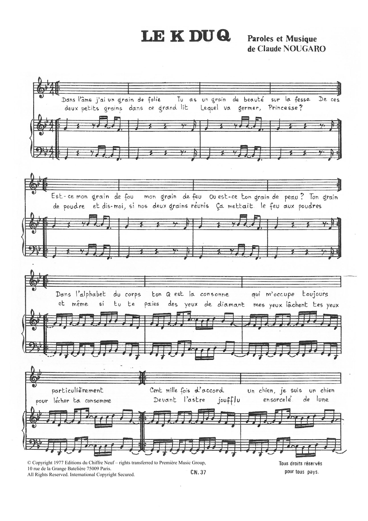 Claude Nougaro K Du Q Sheet Music Notes & Chords for Piano & Vocal - Download or Print PDF