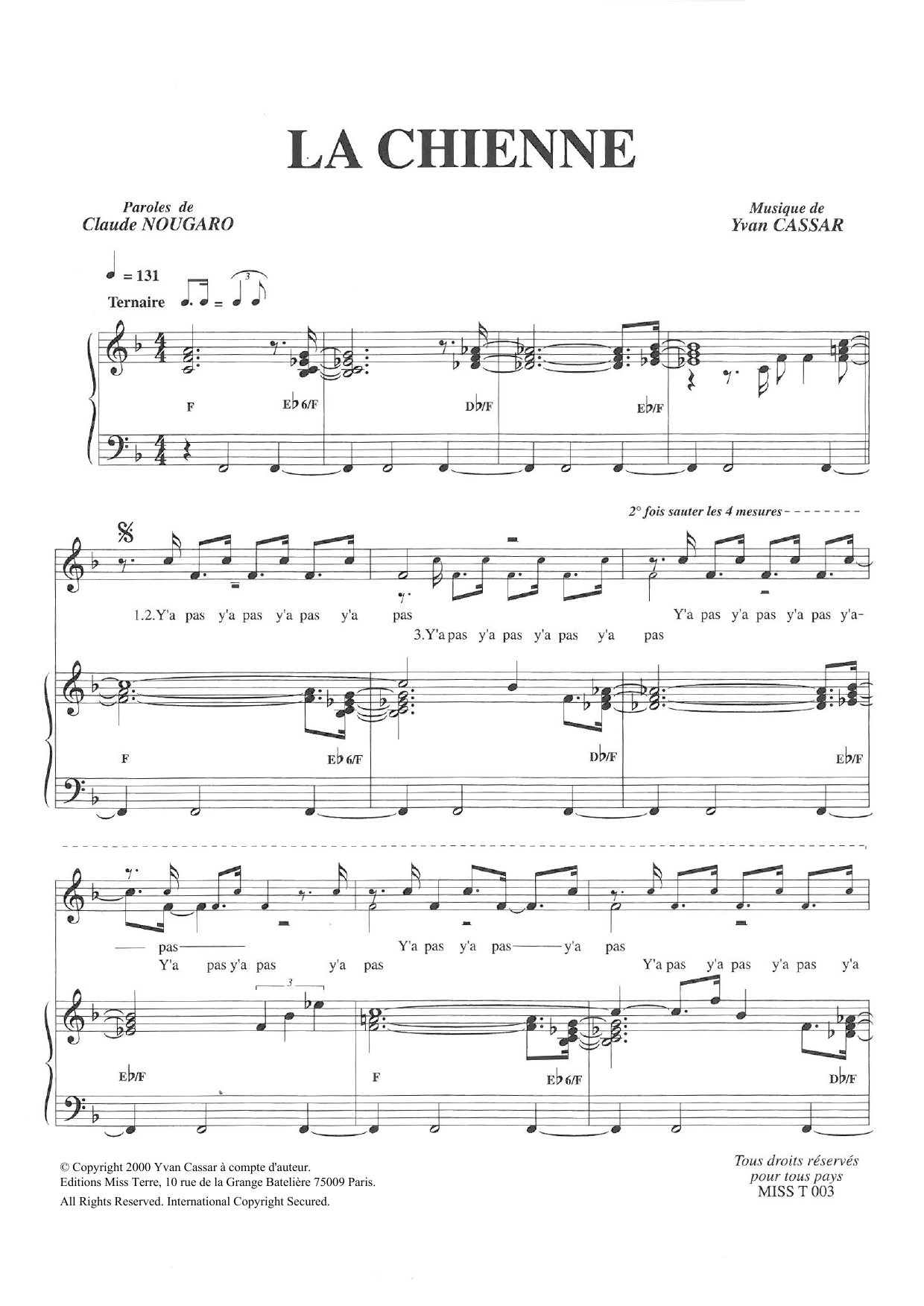 Claude Nougaro La Chienne Sheet Music Notes & Chords for Piano & Vocal - Download or Print PDF