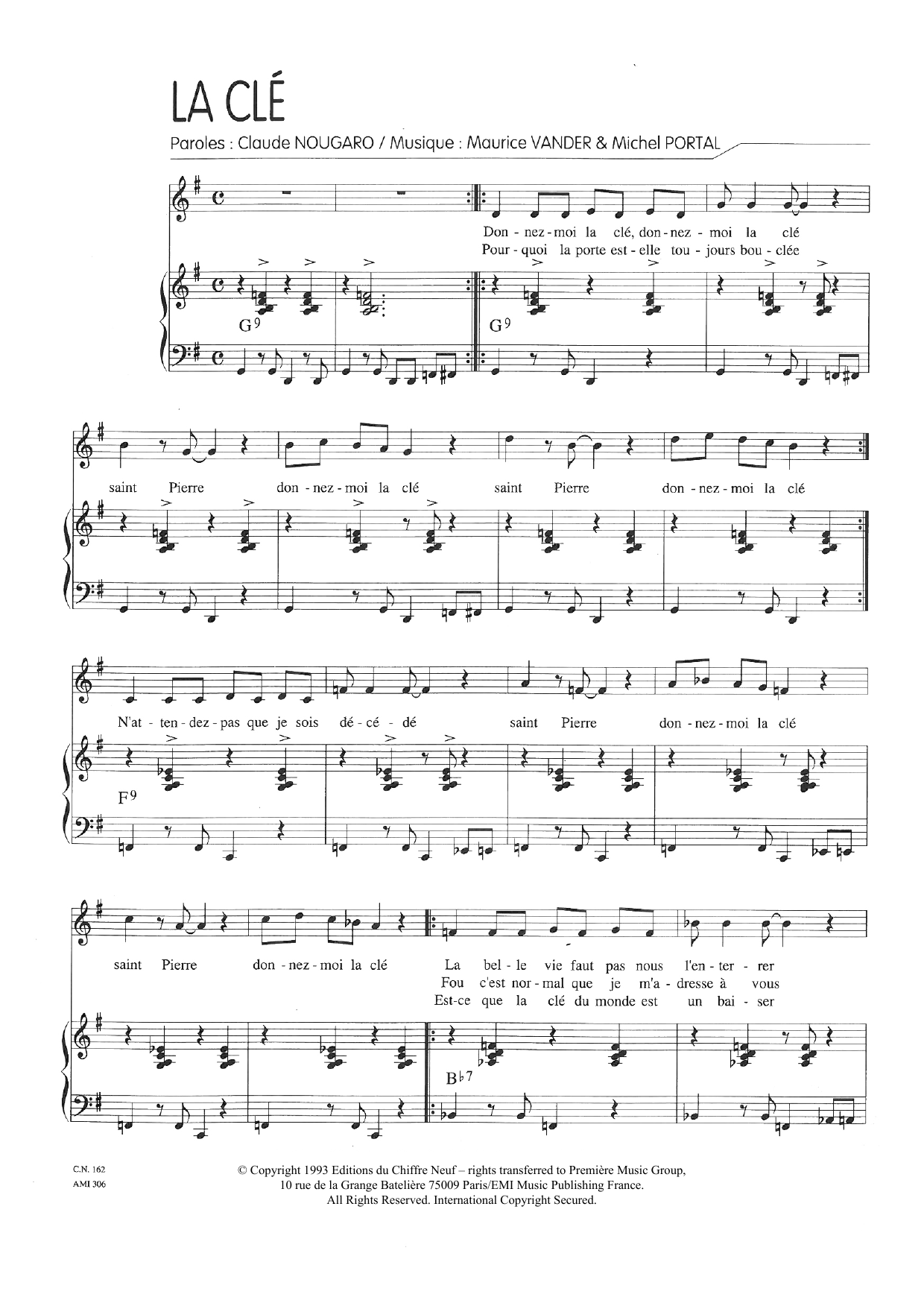 Claude Nougaro La Cle Sheet Music Notes & Chords for Piano & Vocal - Download or Print PDF