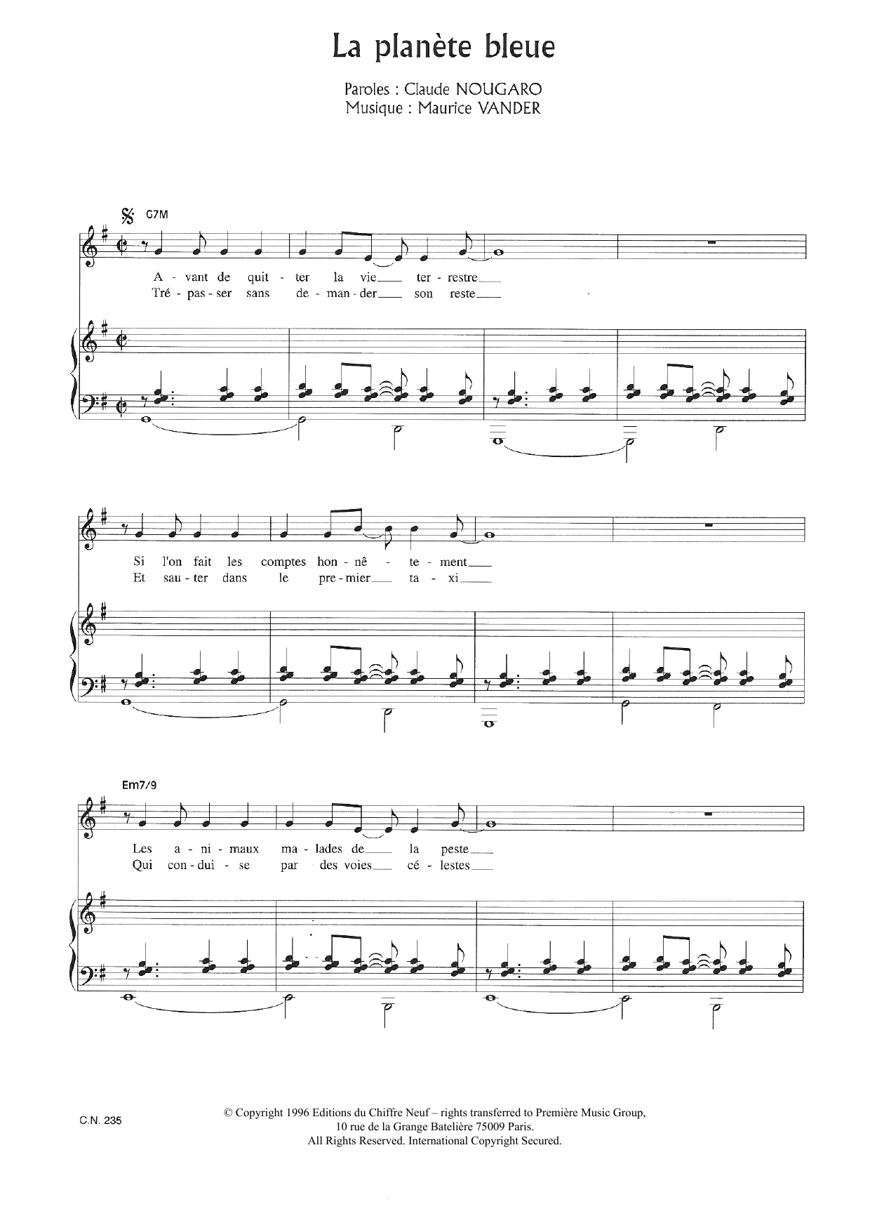 Claude Nougaro La Planete Bleue Sheet Music Notes & Chords for Piano & Vocal - Download or Print PDF