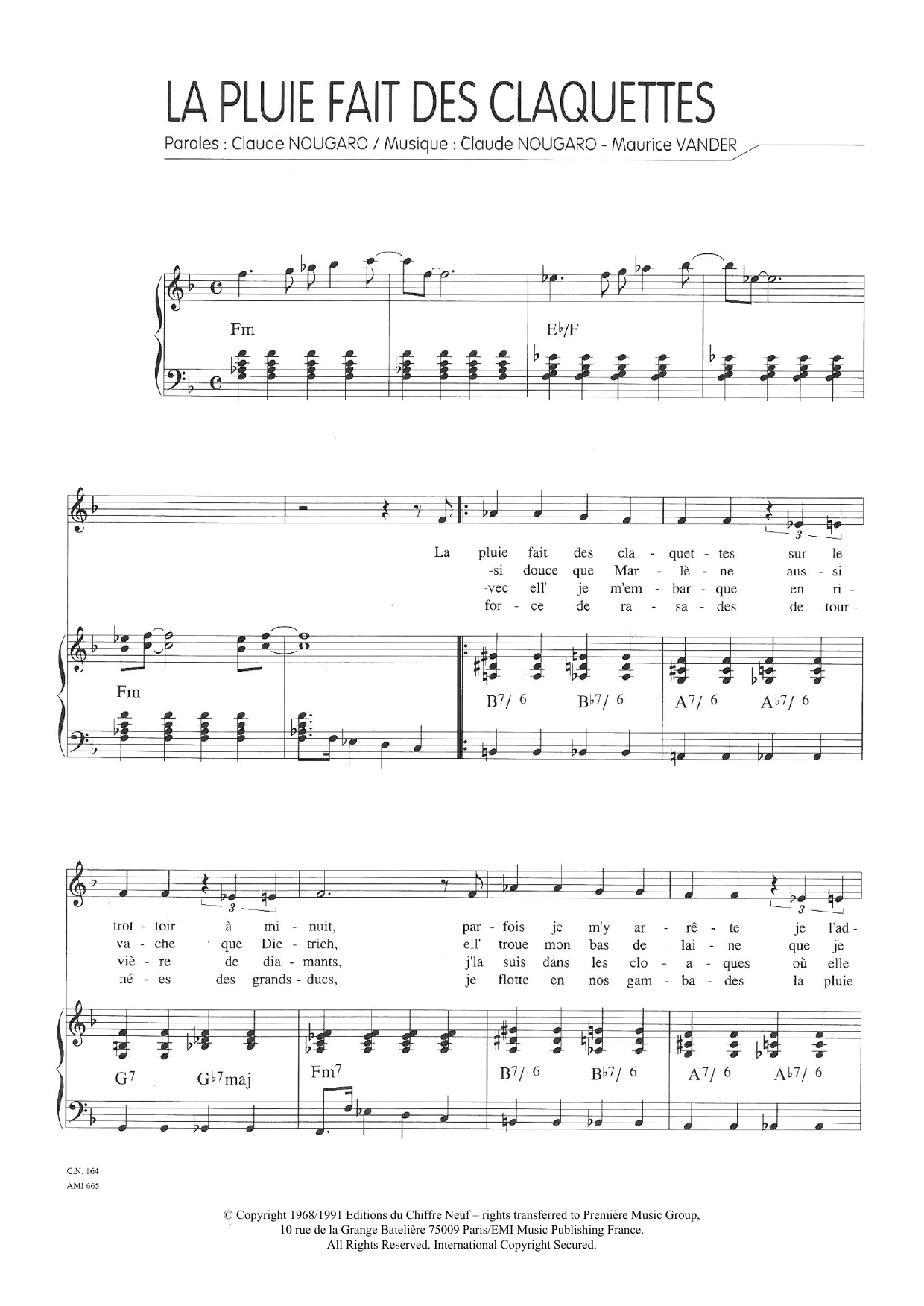 Claude Nougaro La Pluie Fait Des Claquettes Sheet Music Notes & Chords for Piano & Vocal - Download or Print PDF