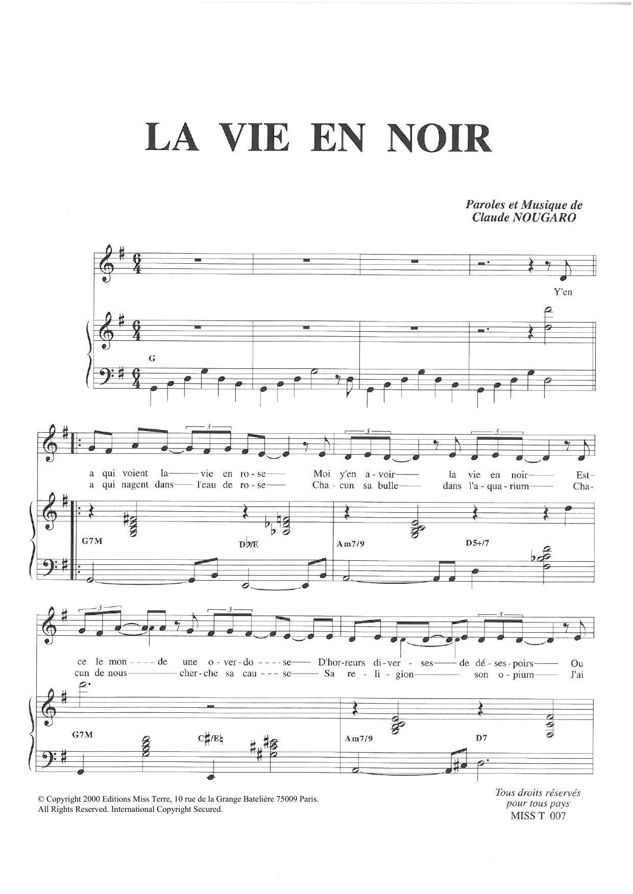 Claude Nougaro La Vie En Noir Sheet Music Notes & Chords for Piano & Vocal - Download or Print PDF