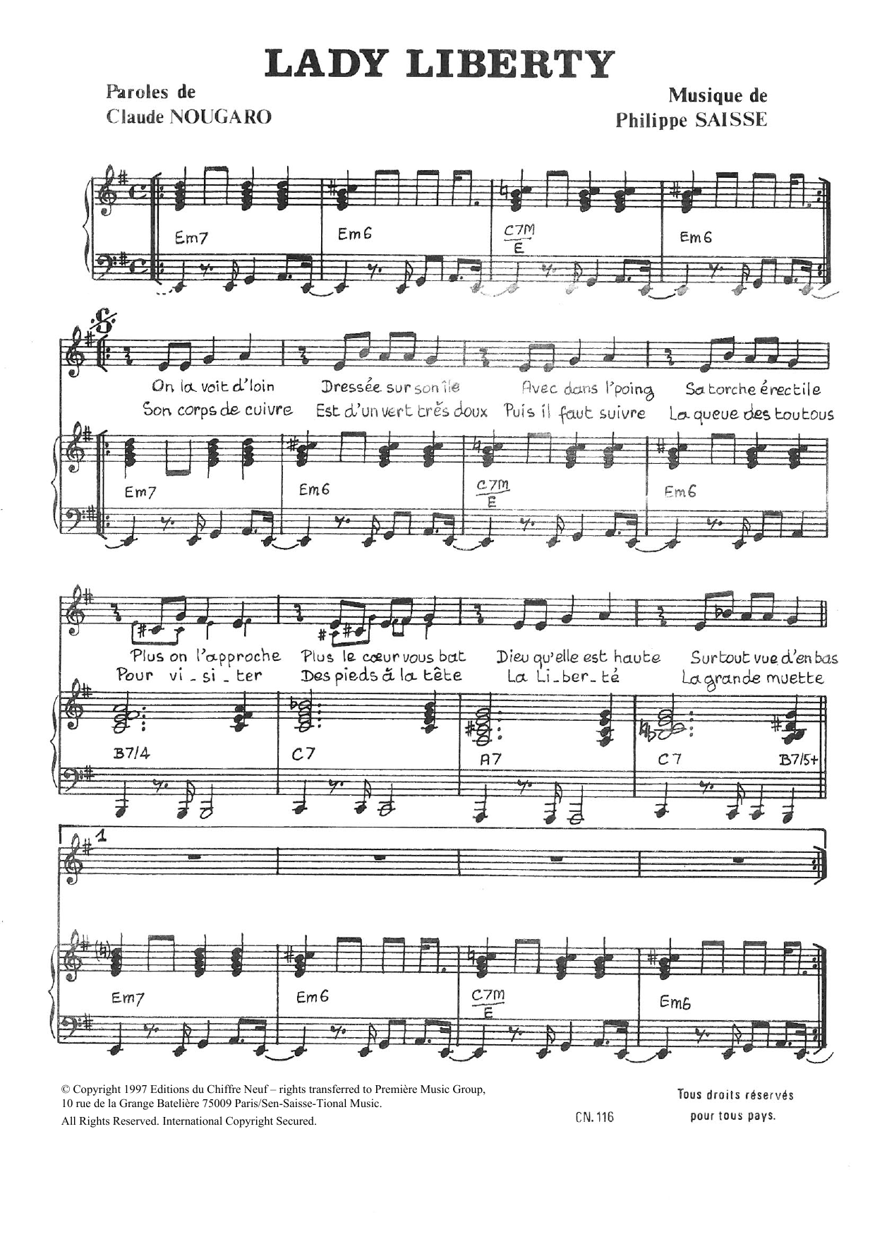 Claude Nougaro Lady Liberty Sheet Music Notes & Chords for Piano & Vocal - Download or Print PDF