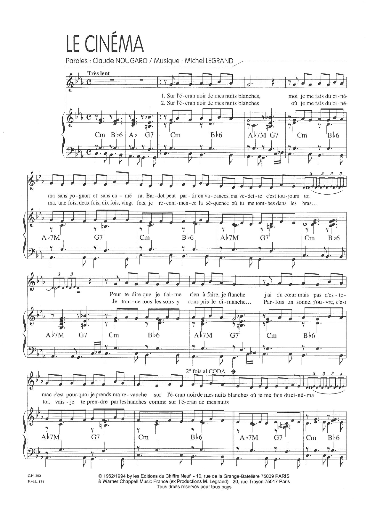 Claude Nougaro Le Cinema Sheet Music Notes & Chords for Piano & Vocal - Download or Print PDF