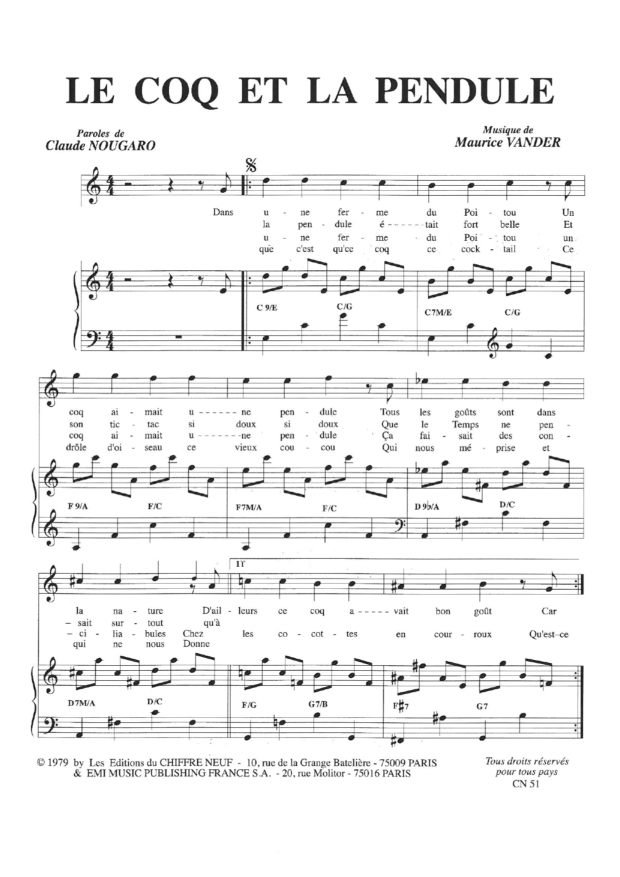 Claude Nougaro Le Coq Et La Pendule Sheet Music Notes & Chords for Piano & Vocal - Download or Print PDF Claude Nougaro Le Coq Et La Pendule Sheet Music Notes & Chords for Piano & Vocal - Download or Print PDF