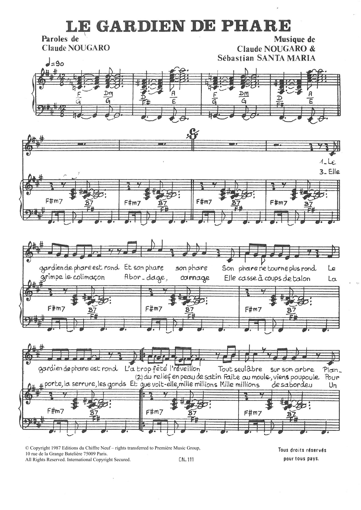 Claude Nougaro Le Gardien De Phare Sheet Music Notes & Chords for Piano & Vocal - Download or Print PDF