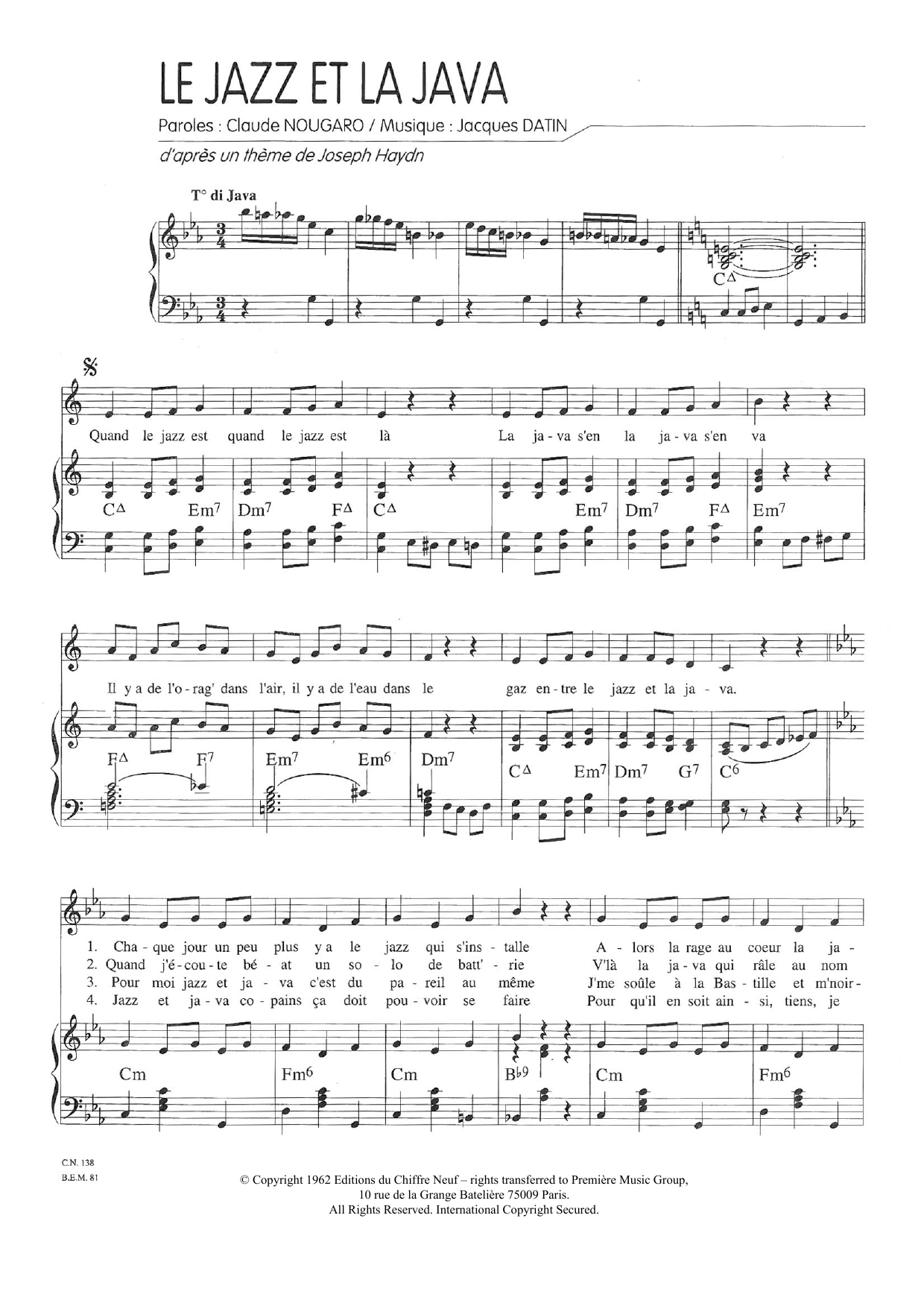 Claude Nougaro Le Jazz Et La Java Sheet Music Notes & Chords for Piano & Vocal - Download or Print PDF