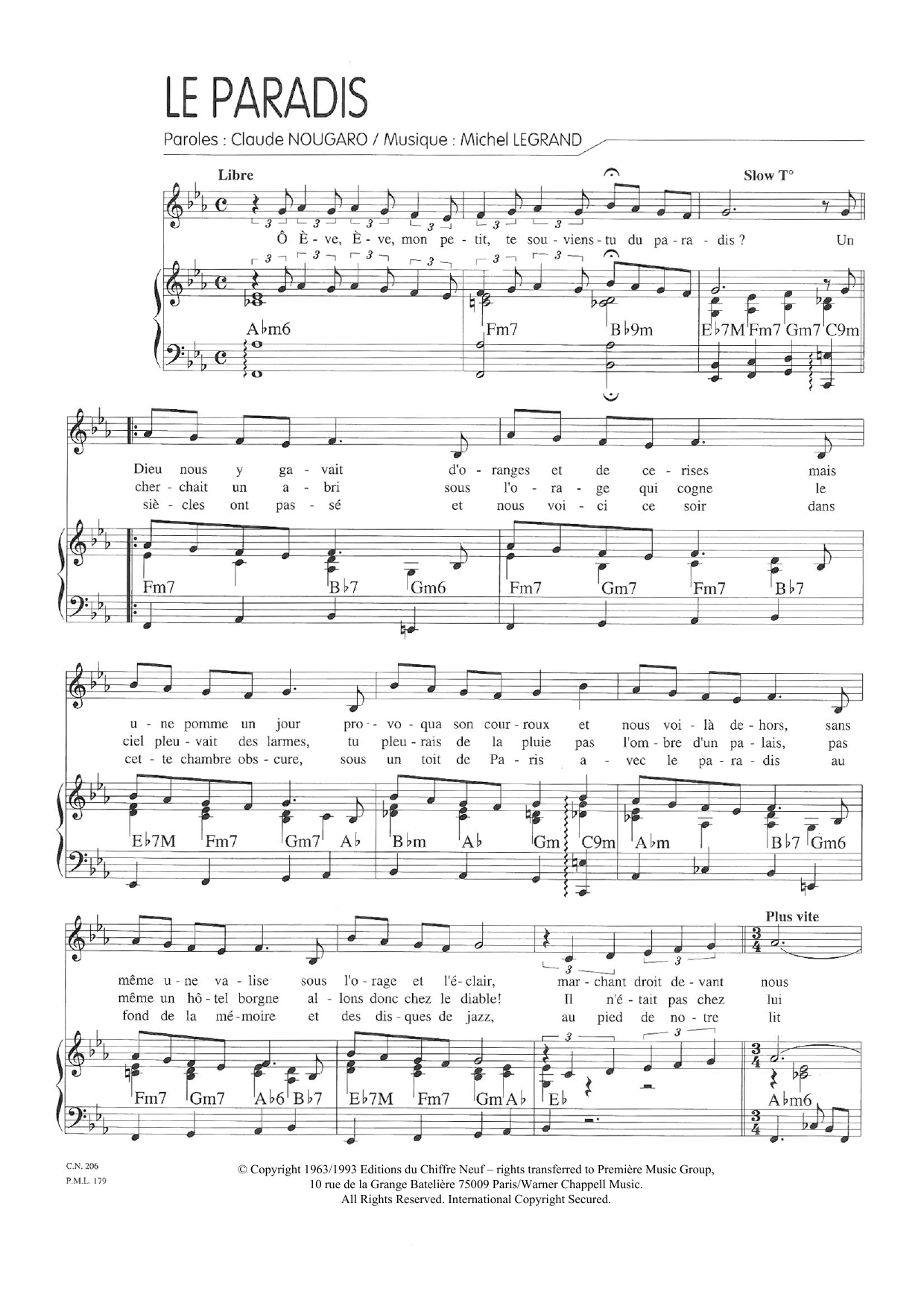 Claude Nougaro Le Paradis Sheet Music Notes & Chords for Piano & Vocal - Download or Print PDF