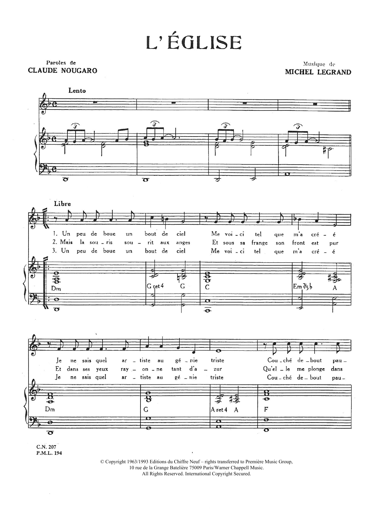 Claude Nougaro L'eglise Sheet Music Notes & Chords for Piano & Vocal - Download or Print PDF