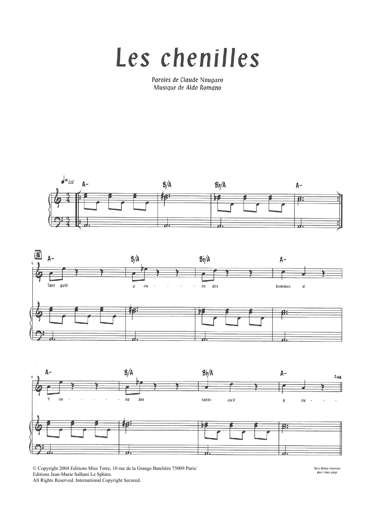 Claude Nougaro Les Chenilles Sheet Music Notes & Chords for Piano & Vocal - Download or Print PDF