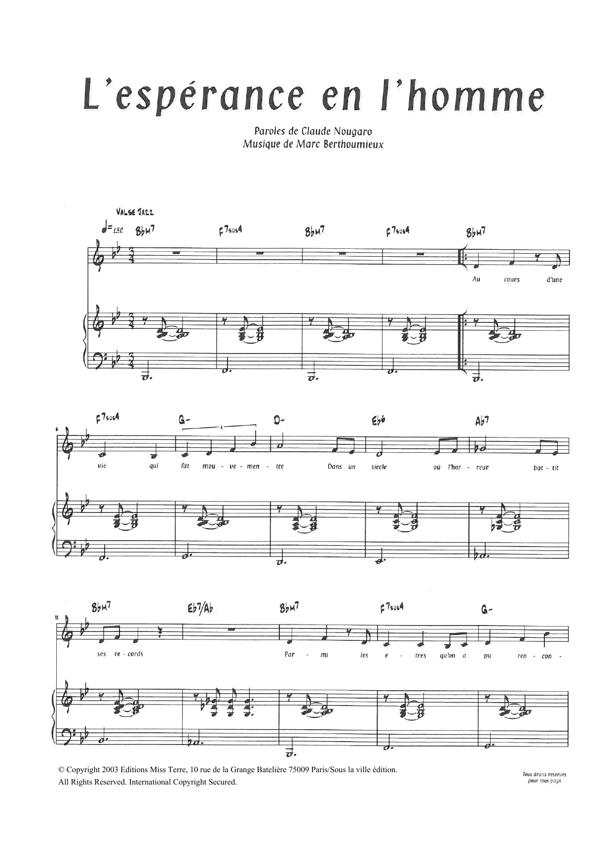Claude Nougaro L'Esperance En L'Homme Sheet Music Notes & Chords for Piano & Vocal - Download or Print PDF