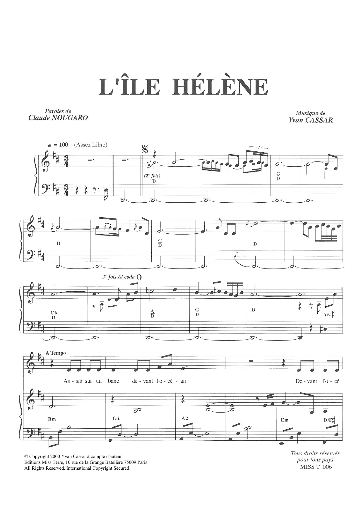 Claude Nougaro L'Ile Helene Sheet Music Notes & Chords for Piano & Vocal - Download or Print PDF