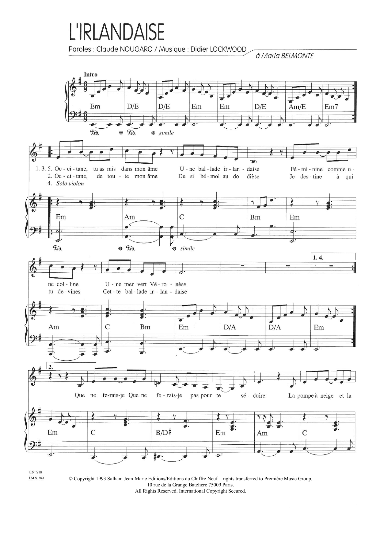 Claude Nougaro L'Irlandaise Sheet Music Notes & Chords for Piano & Vocal - Download or Print PDF