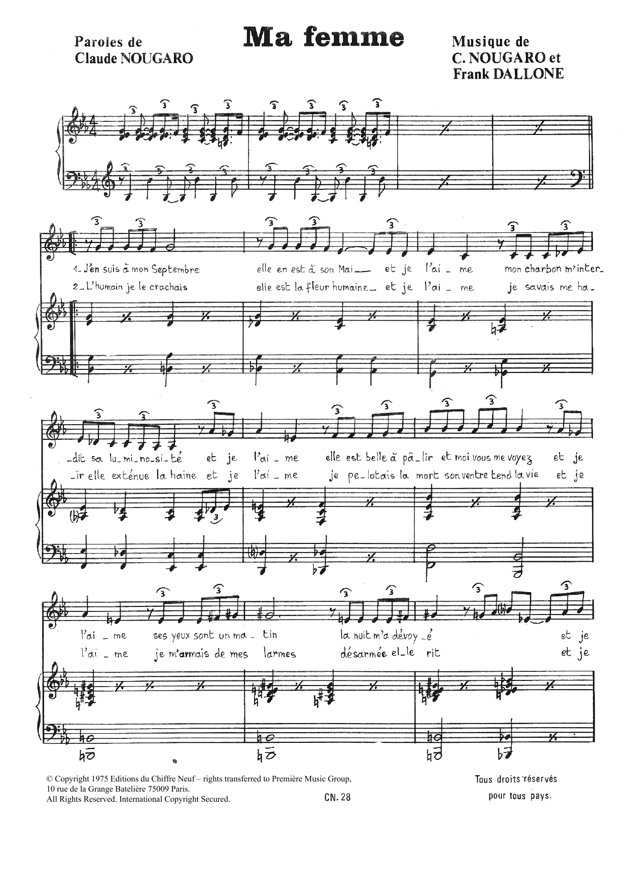 Claude Nougaro Ma Femme Sheet Music Notes & Chords for Piano & Vocal - Download or Print PDF