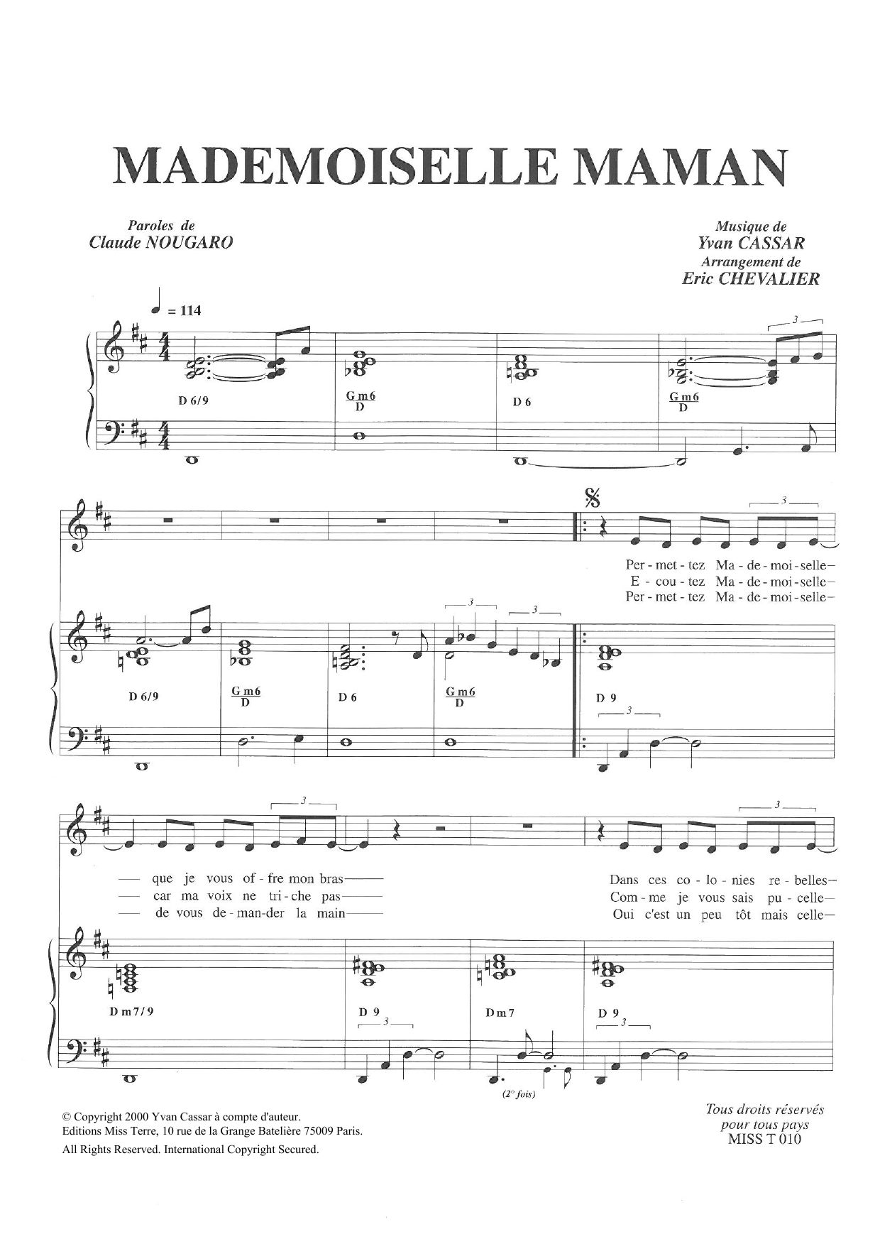 Claude Nougaro Mademoiselle Maman Sheet Music Notes & Chords for Piano & Vocal - Download or Print PDF