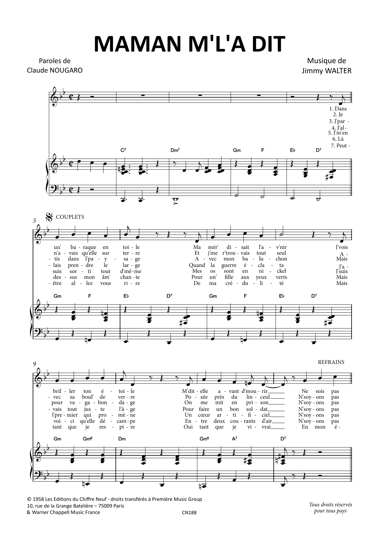 Claude Nougaro Maman m'l'a Dit Sheet Music Notes & Chords for Piano & Vocal - Download or Print PDF