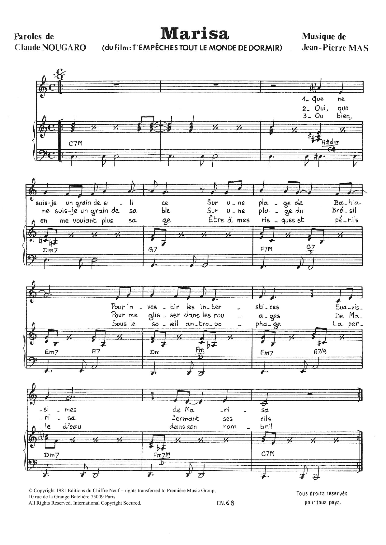 Claude Nougaro Marisa Sheet Music Notes & Chords for Piano & Vocal - Download or Print PDF