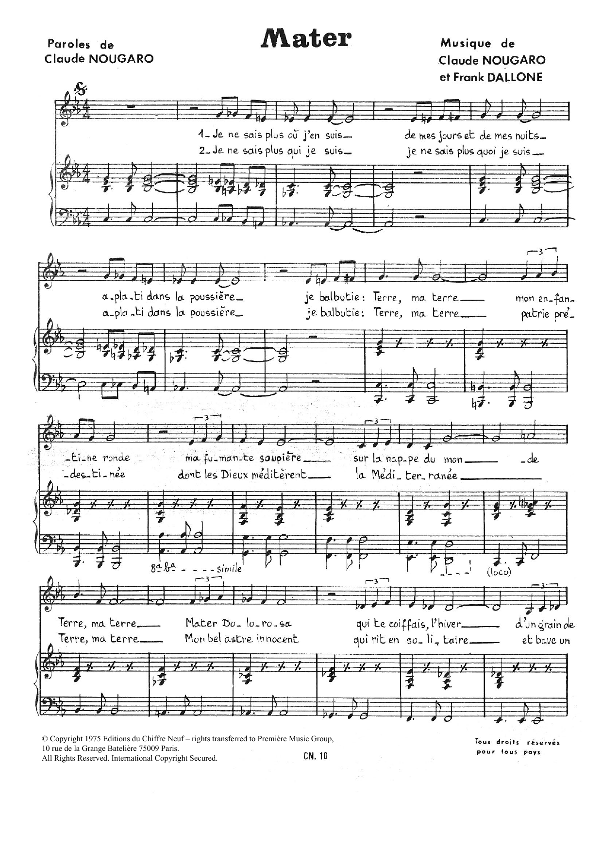 Claude Nougaro Mater Sheet Music Notes & Chords for Piano & Vocal - Download or Print PDF