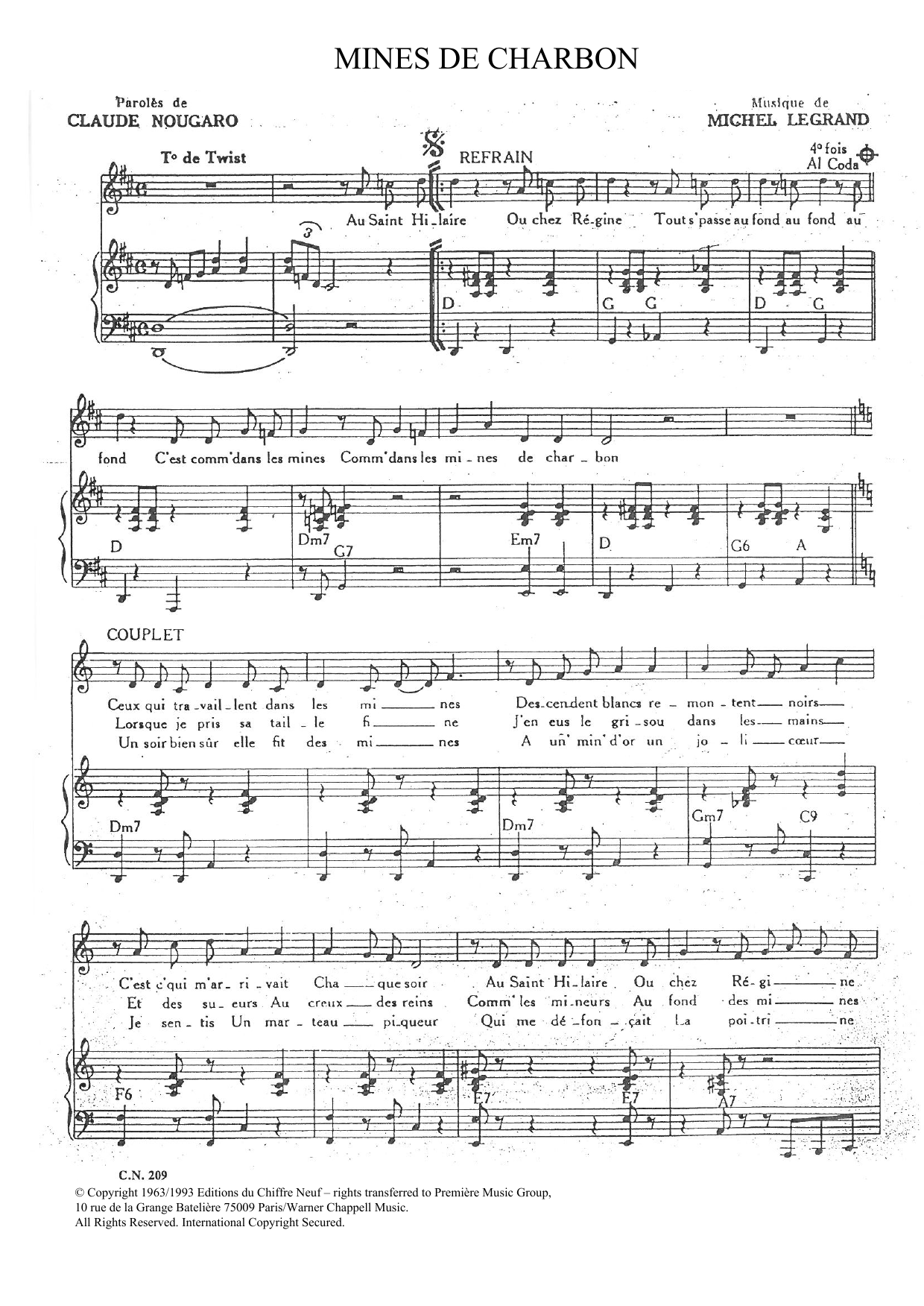 Claude Nougaro Mines De Charbon Sheet Music Notes & Chords for Piano & Vocal - Download or Print PDF