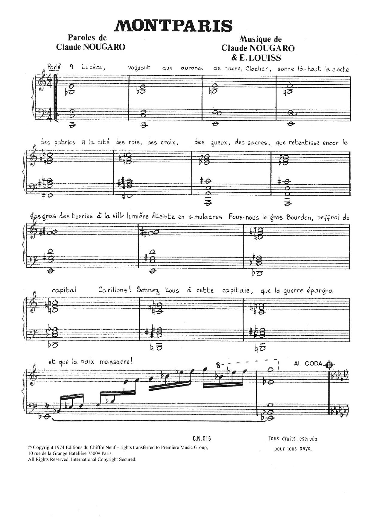 Claude Nougaro Montparis Sheet Music Notes & Chords for Piano & Vocal - Download or Print PDF