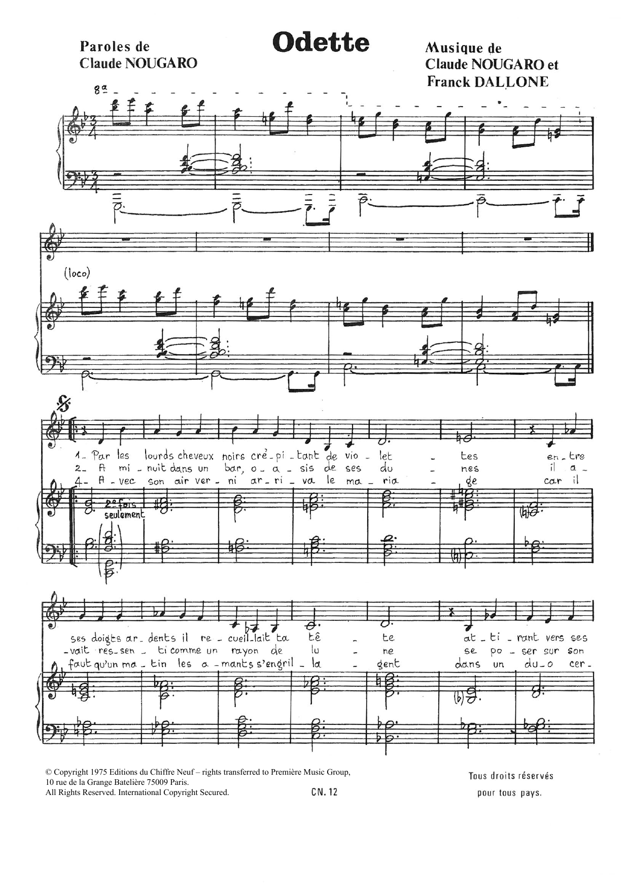 Claude Nougaro Odette Sheet Music Notes & Chords for Piano & Vocal - Download or Print PDF