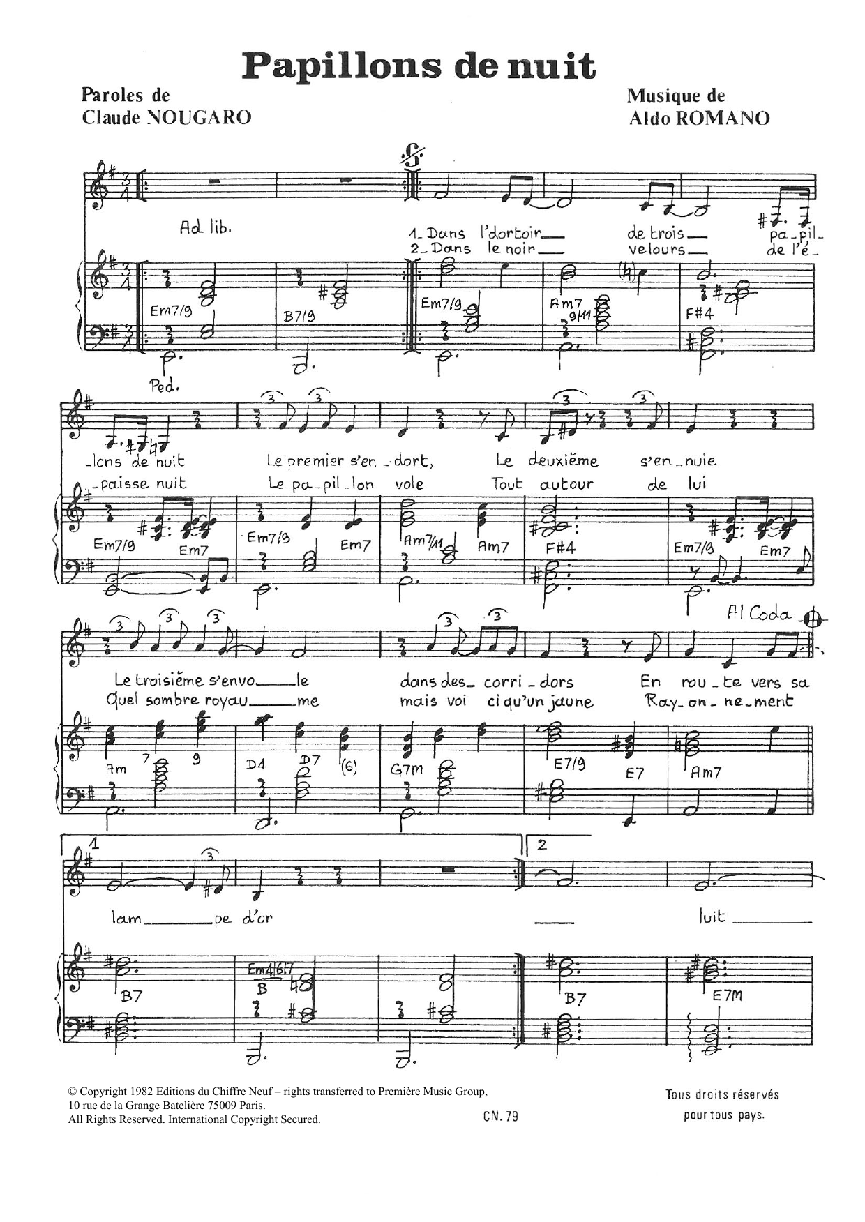 Claude Nougaro Papillons De Nuit Sheet Music Notes & Chords for Piano & Vocal - Download or Print PDF