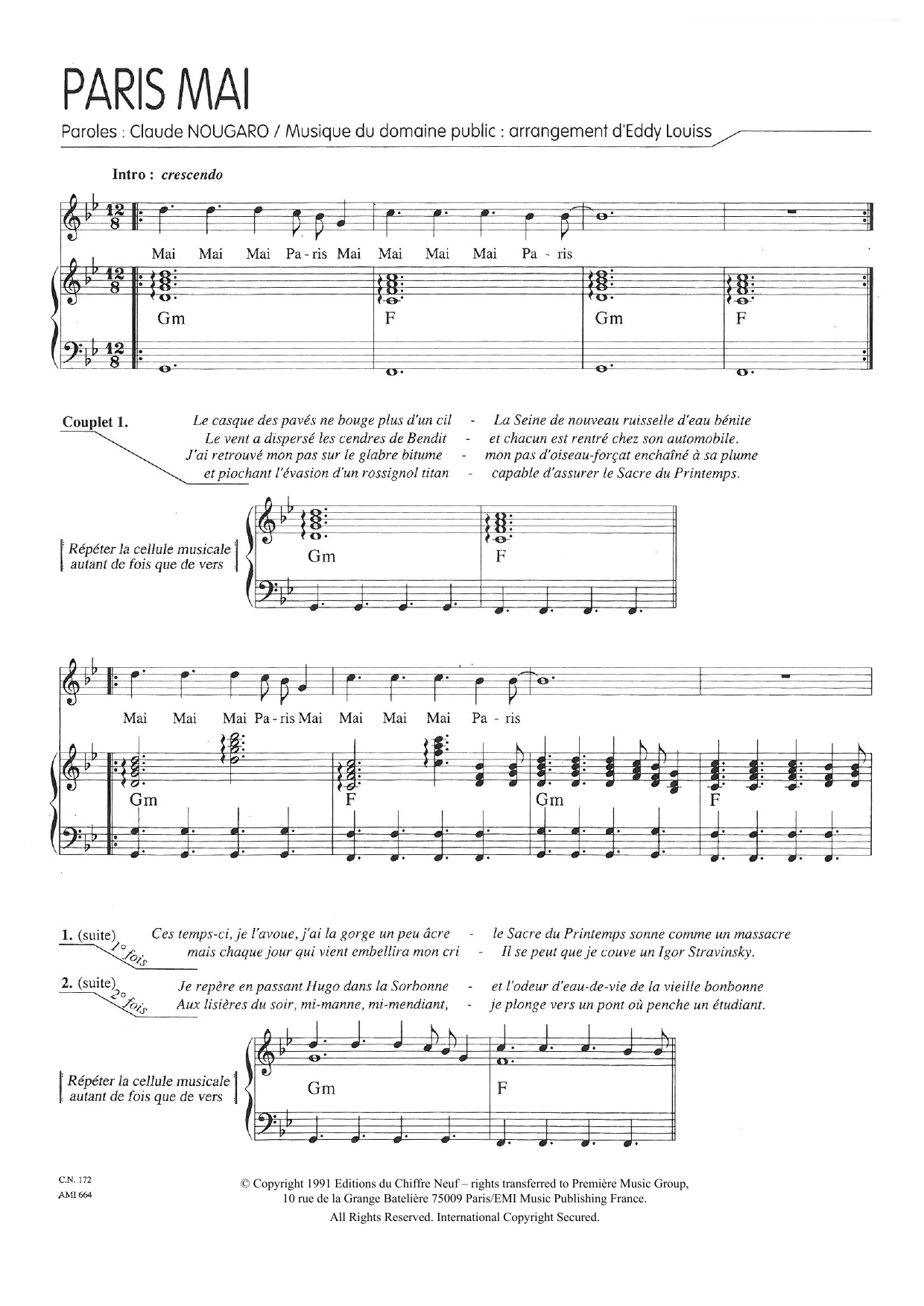 Claude Nougaro Paris Mai Sheet Music Notes & Chords for Piano & Vocal - Download or Print PDF