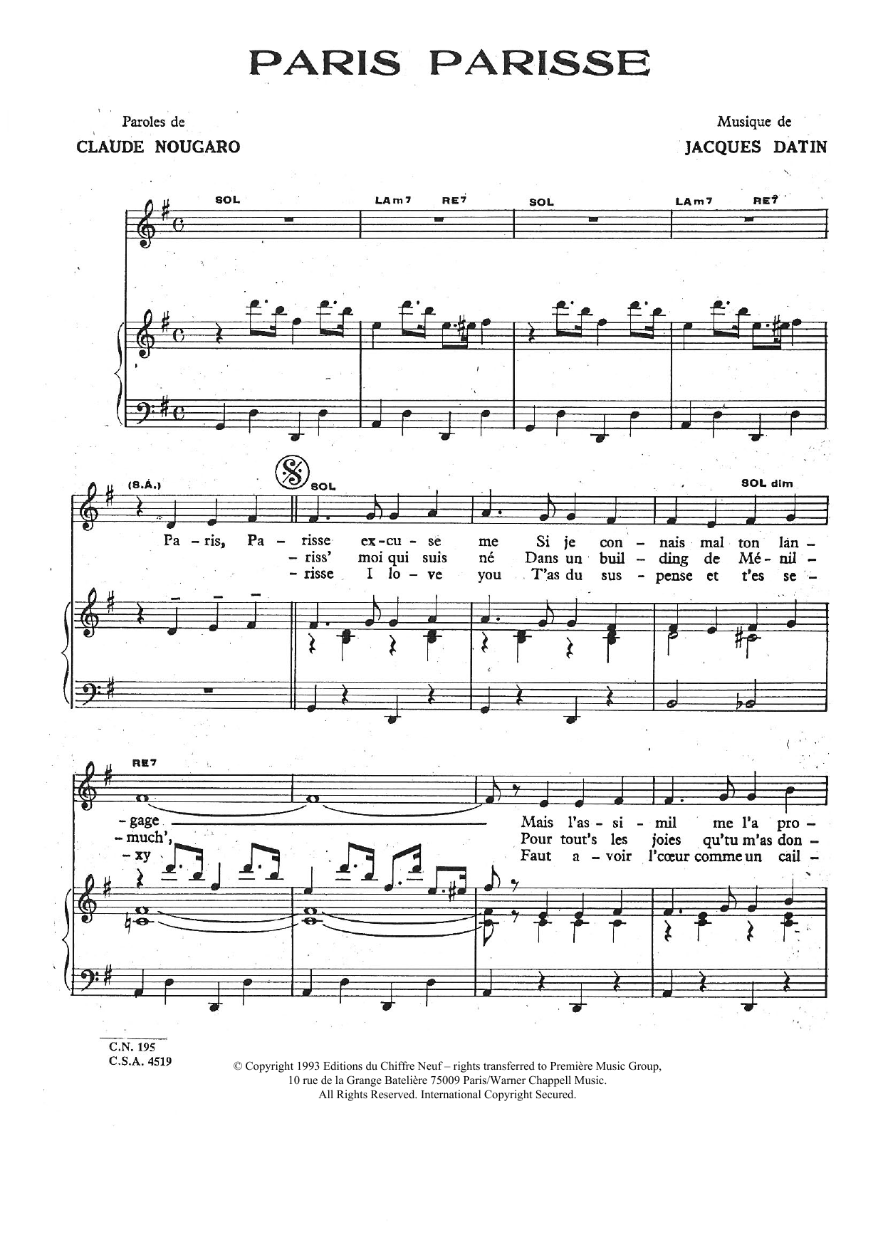 Claude Nougaro Paris Parisse Sheet Music Notes & Chords for Piano & Vocal - Download or Print PDF