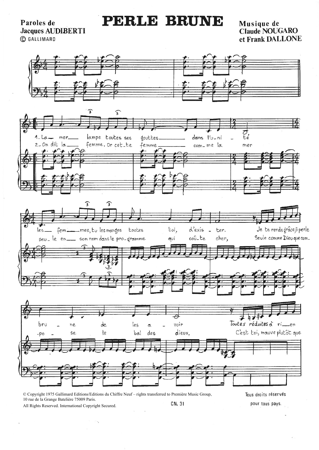 Claude Nougaro Perle Brune Sheet Music Notes & Chords for Piano & Vocal - Download or Print PDF