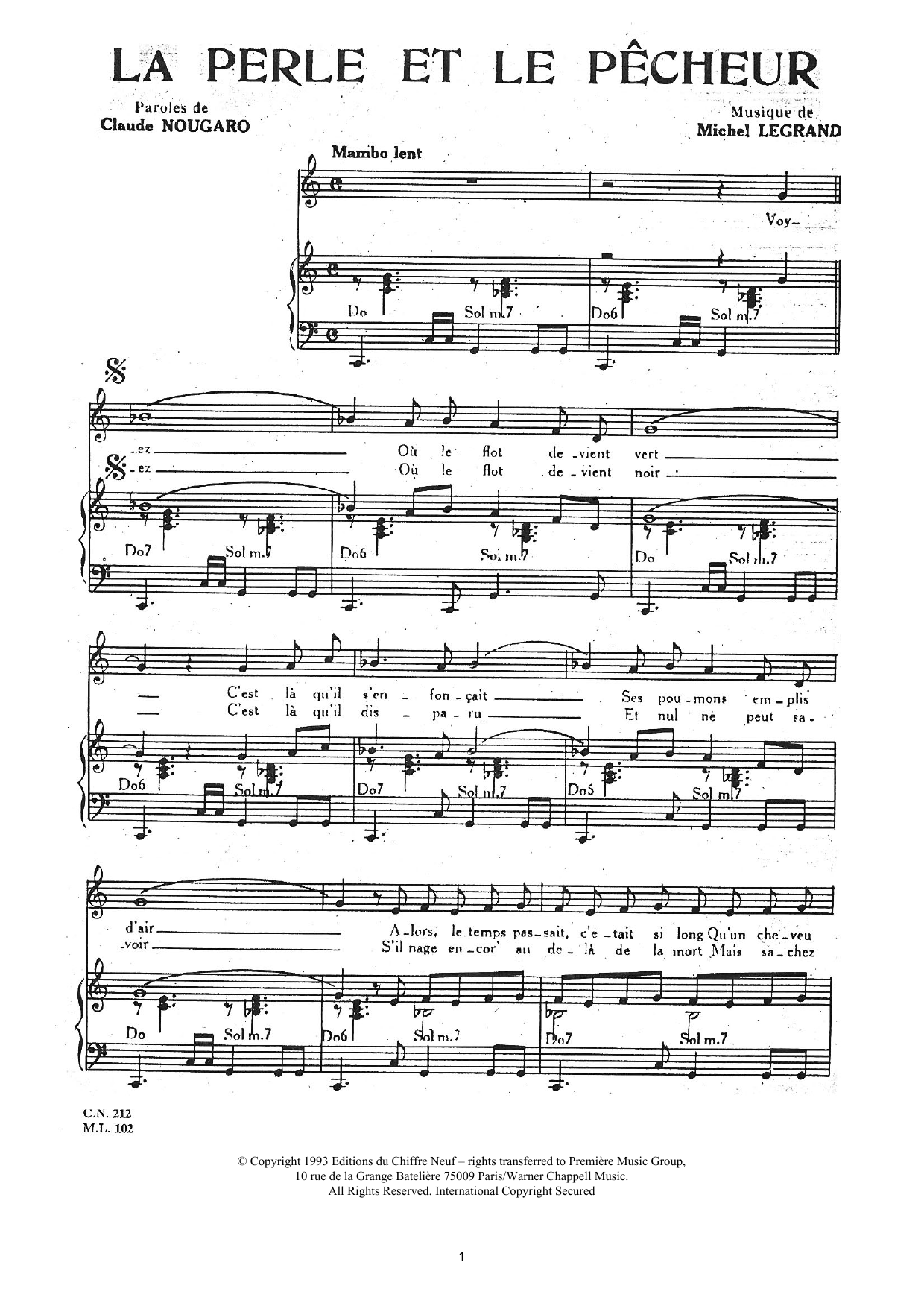 Claude Nougaro Perle Et Le Pecheur Sheet Music Notes & Chords for Piano & Vocal - Download or Print PDF
