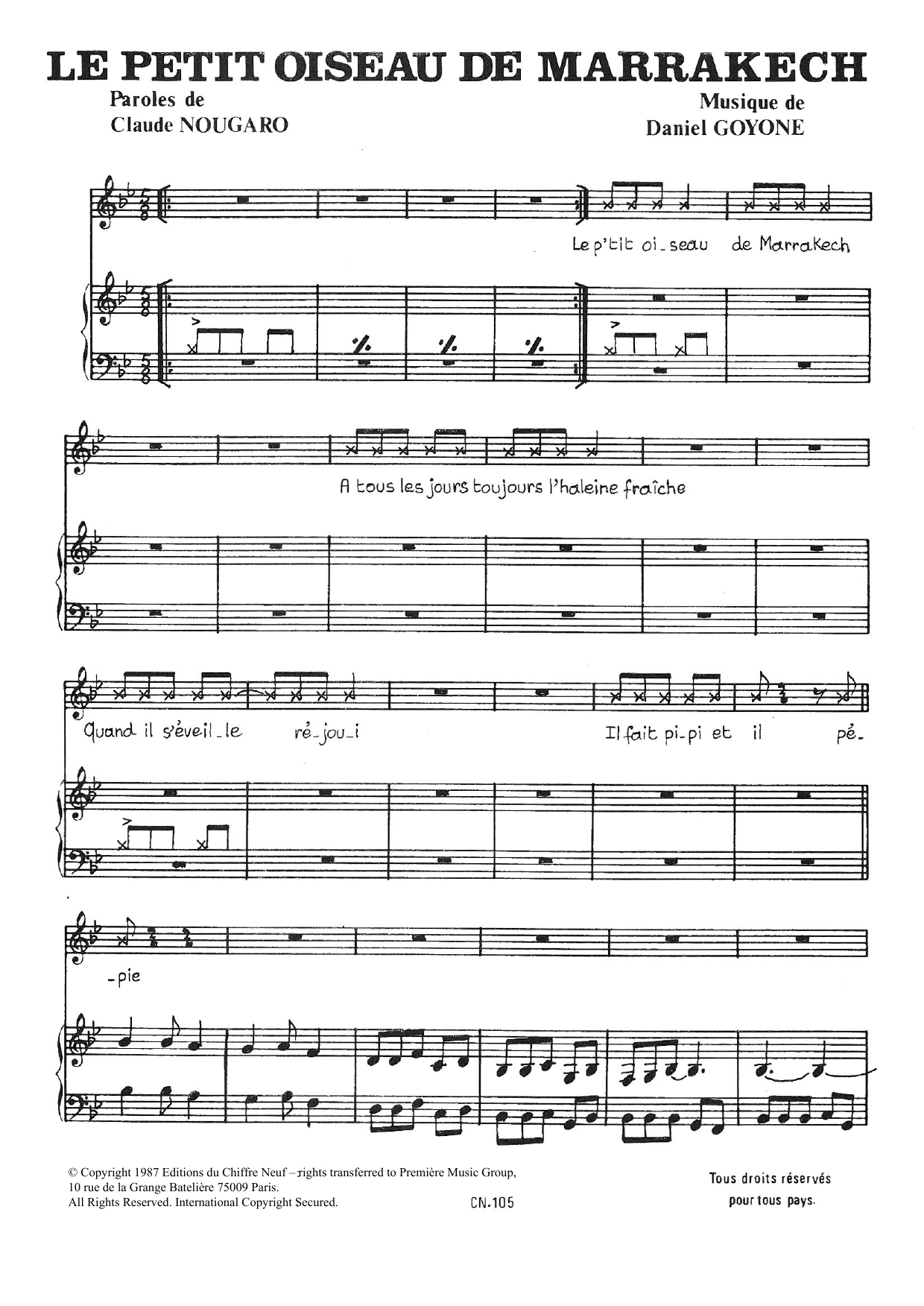 Claude Nougaro Petit Oiseau De Marrakech Sheet Music Notes & Chords for Piano & Vocal - Download or Print PDF