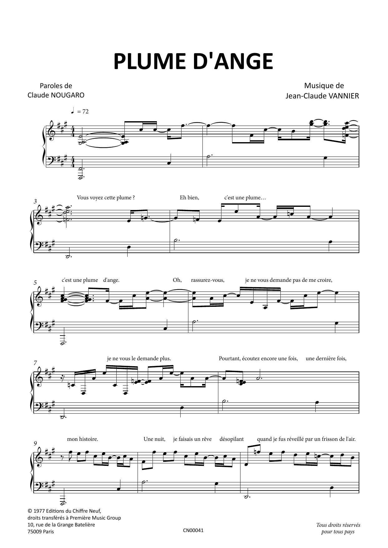 Claude Nougaro Plume D'Ange Sheet Music Notes & Chords for Piano & Vocal - Download or Print PDF