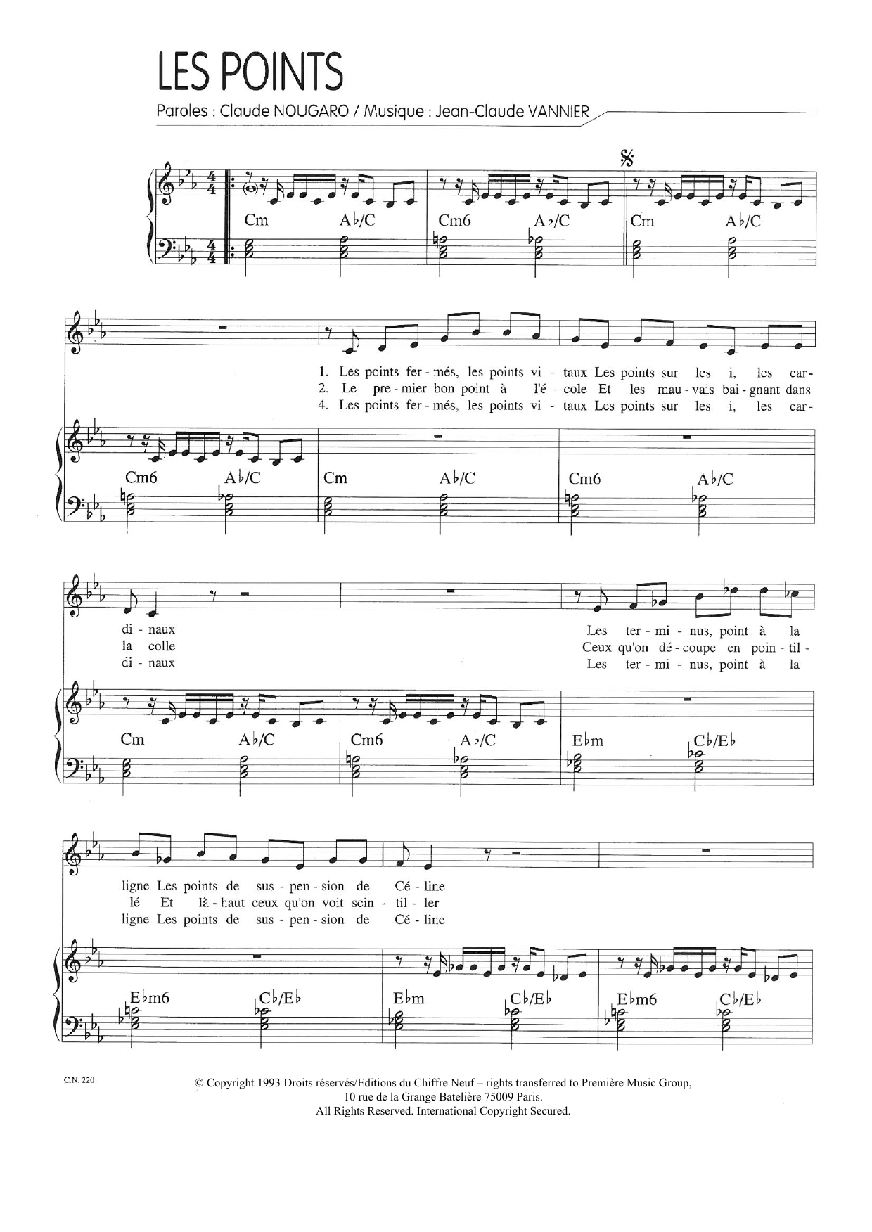 Claude Nougaro Points Sheet Music Notes & Chords for Piano & Vocal - Download or Print PDF