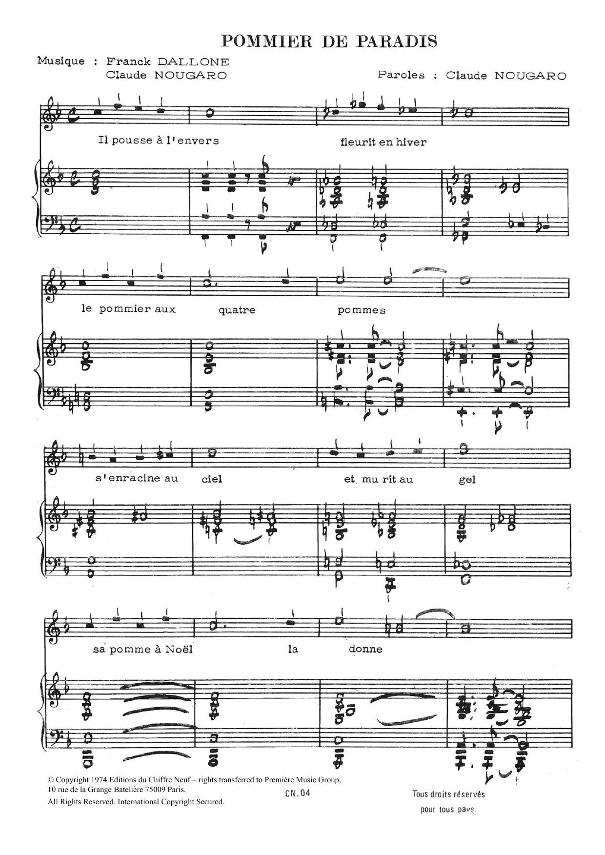 Claude Nougaro Pommier De Paradis Sheet Music Notes & Chords for Piano & Vocal - Download or Print PDF