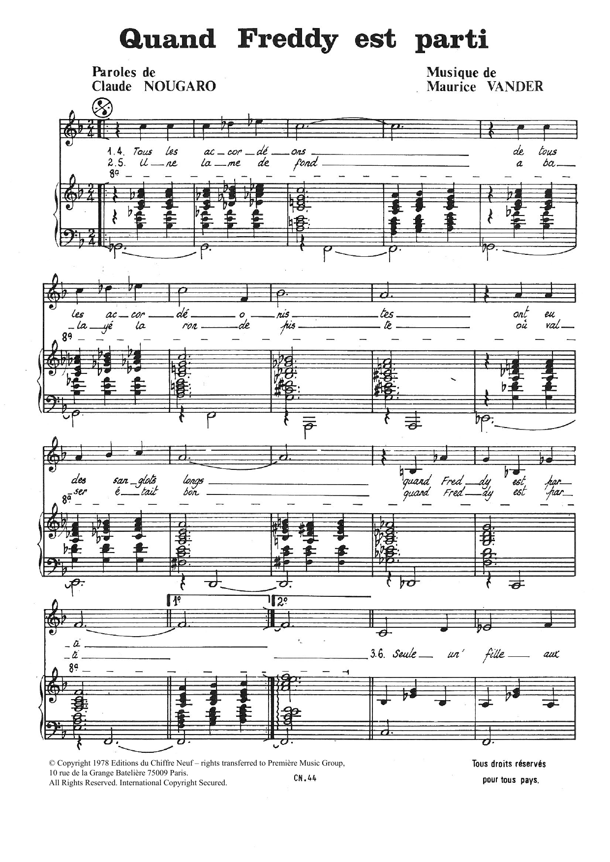 Claude Nougaro Quand Freddy Est Parti Sheet Music Notes & Chords for Piano & Vocal - Download or Print PDF