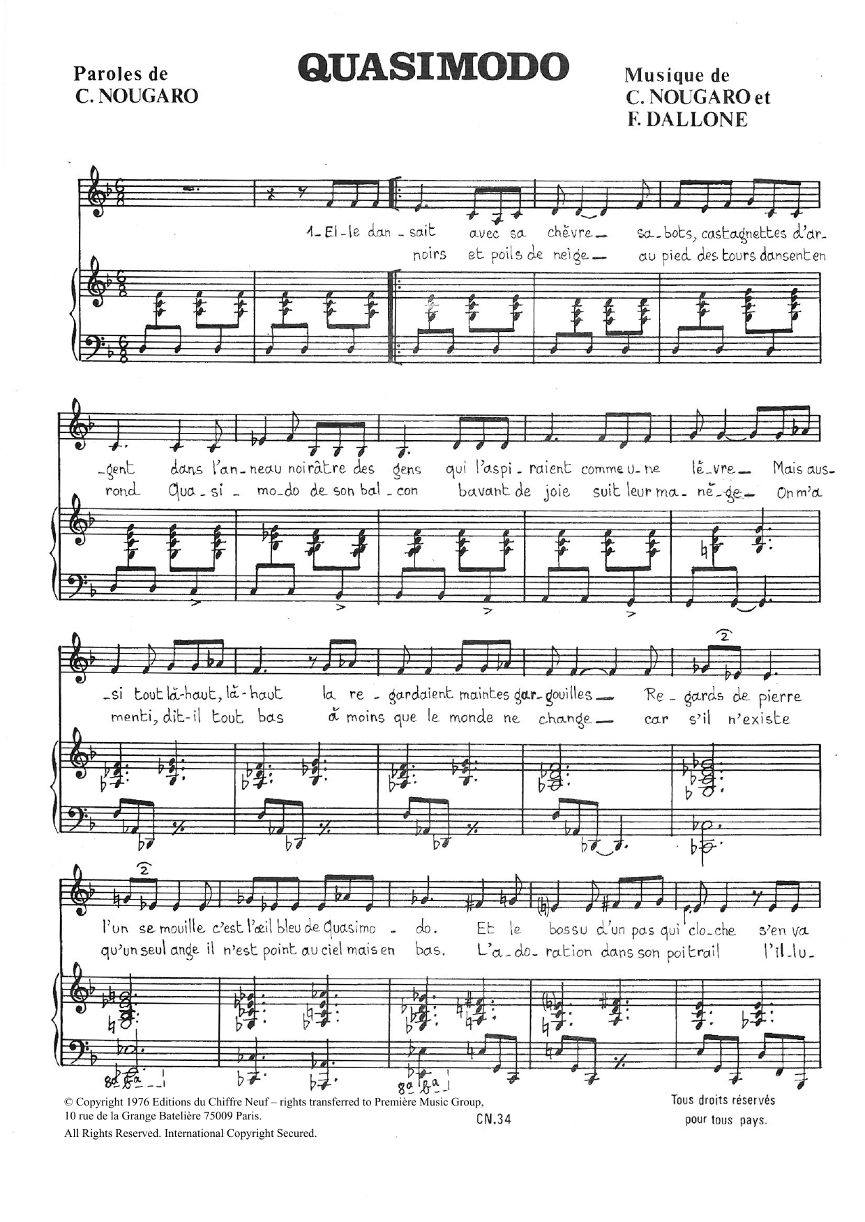 Claude Nougaro Quasimodo Sheet Music Notes & Chords for Piano & Vocal - Download or Print PDF