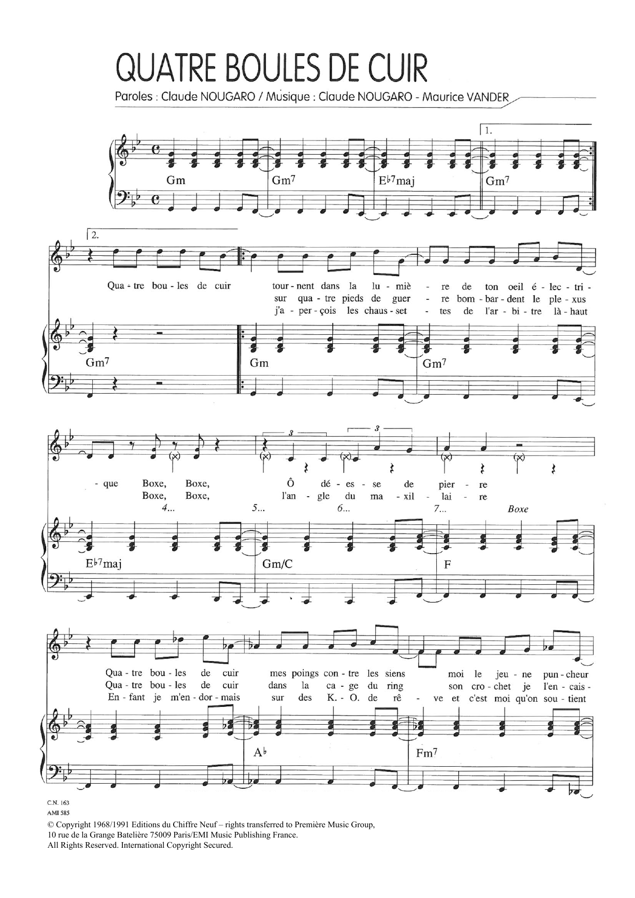 Claude Nougaro Quatre Boules De Cuir Sheet Music Notes & Chords for Piano & Vocal - Download or Print PDF