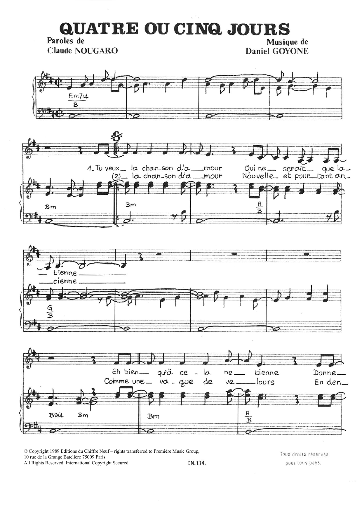 Claude Nougaro Quatre Ou Cinq Jours Sheet Music Notes & Chords for Piano & Vocal - Download or Print PDF