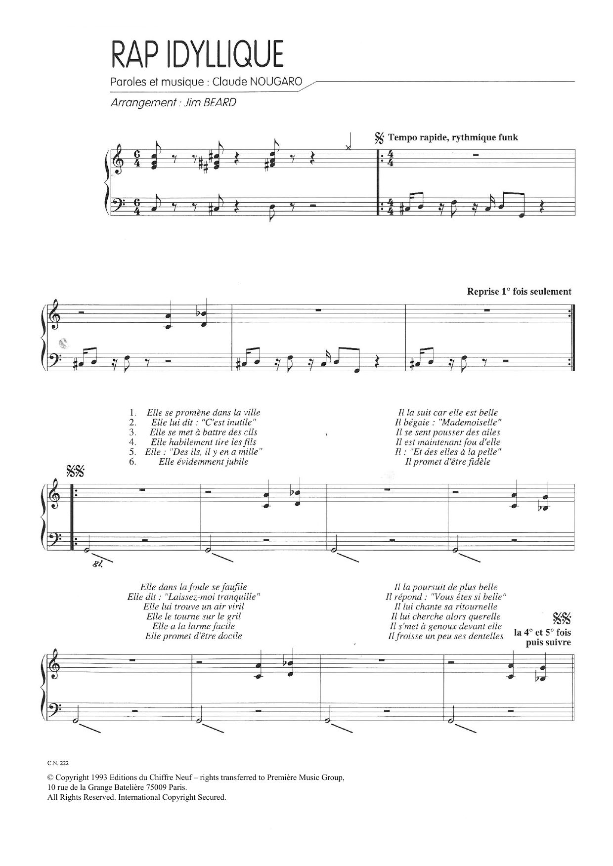 Claude Nougaro Rap Idyllique Sheet Music Notes & Chords for Piano & Vocal - Download or Print PDF