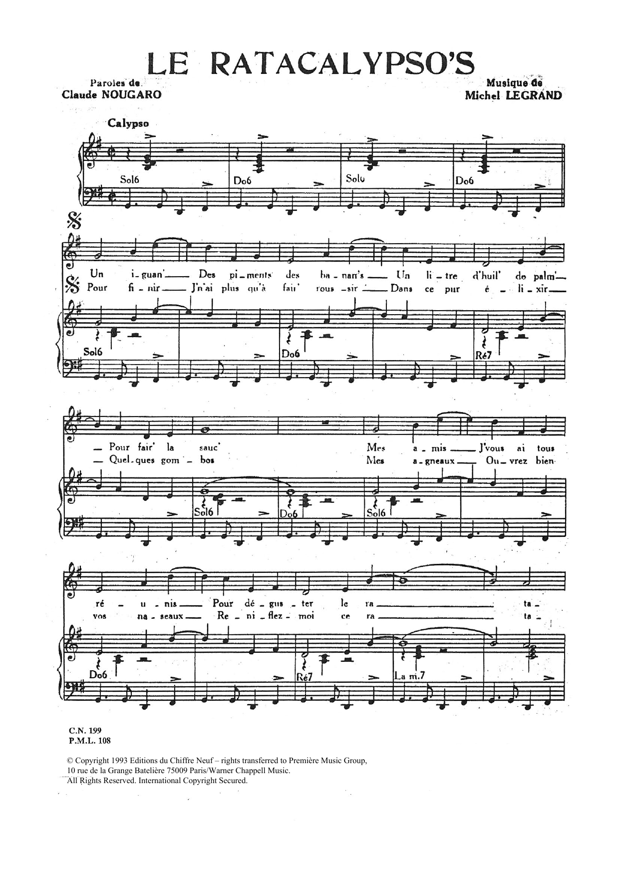 Claude Nougaro Ratacalypso's Sheet Music Notes & Chords for Piano & Vocal - Download or Print PDF
