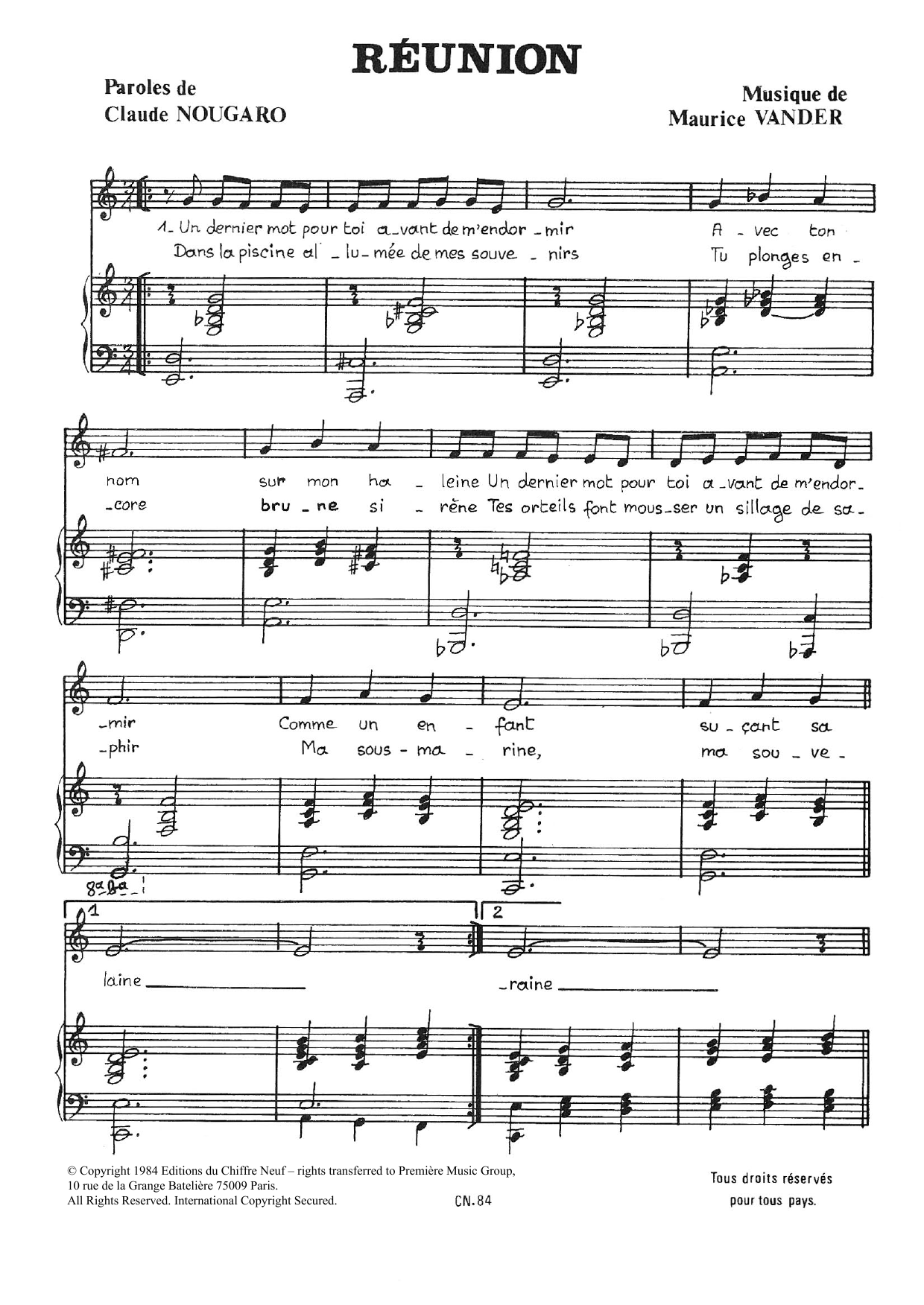 Claude Nougaro Reunion Sheet Music Notes & Chords for Piano & Vocal - Download or Print PDF