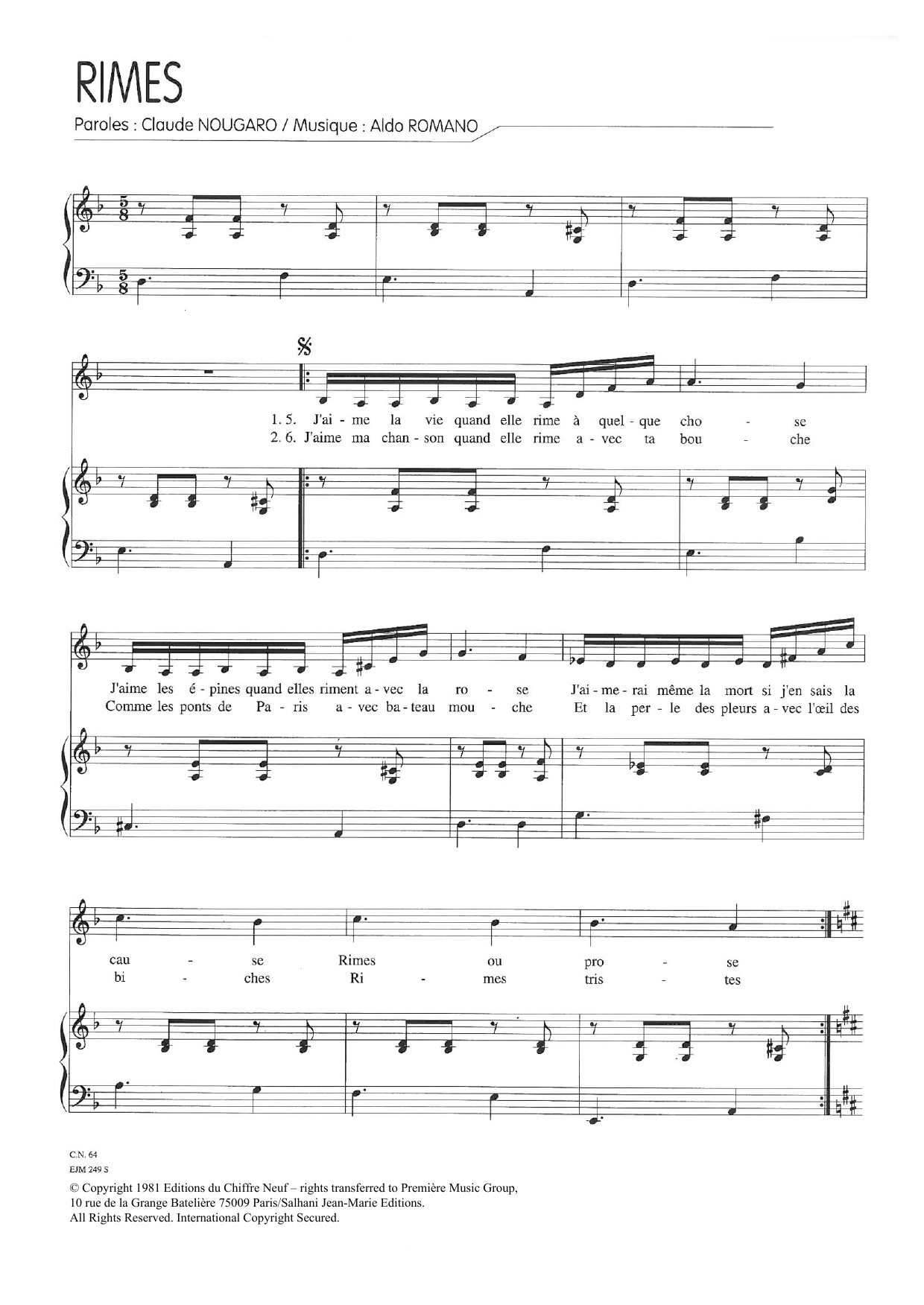 Claude Nougaro Rimes Sheet Music Notes & Chords for Piano & Vocal - Download or Print PDF