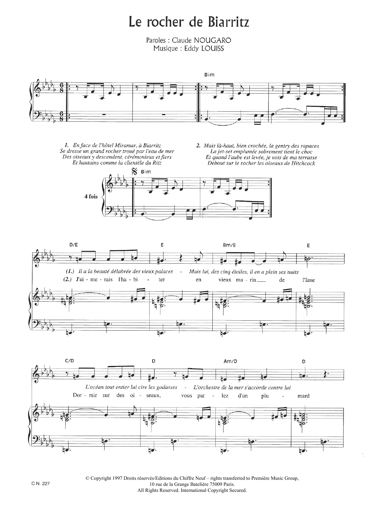 Claude Nougaro Rocher De Biarritz Sheet Music Notes & Chords for Piano & Vocal - Download or Print PDF