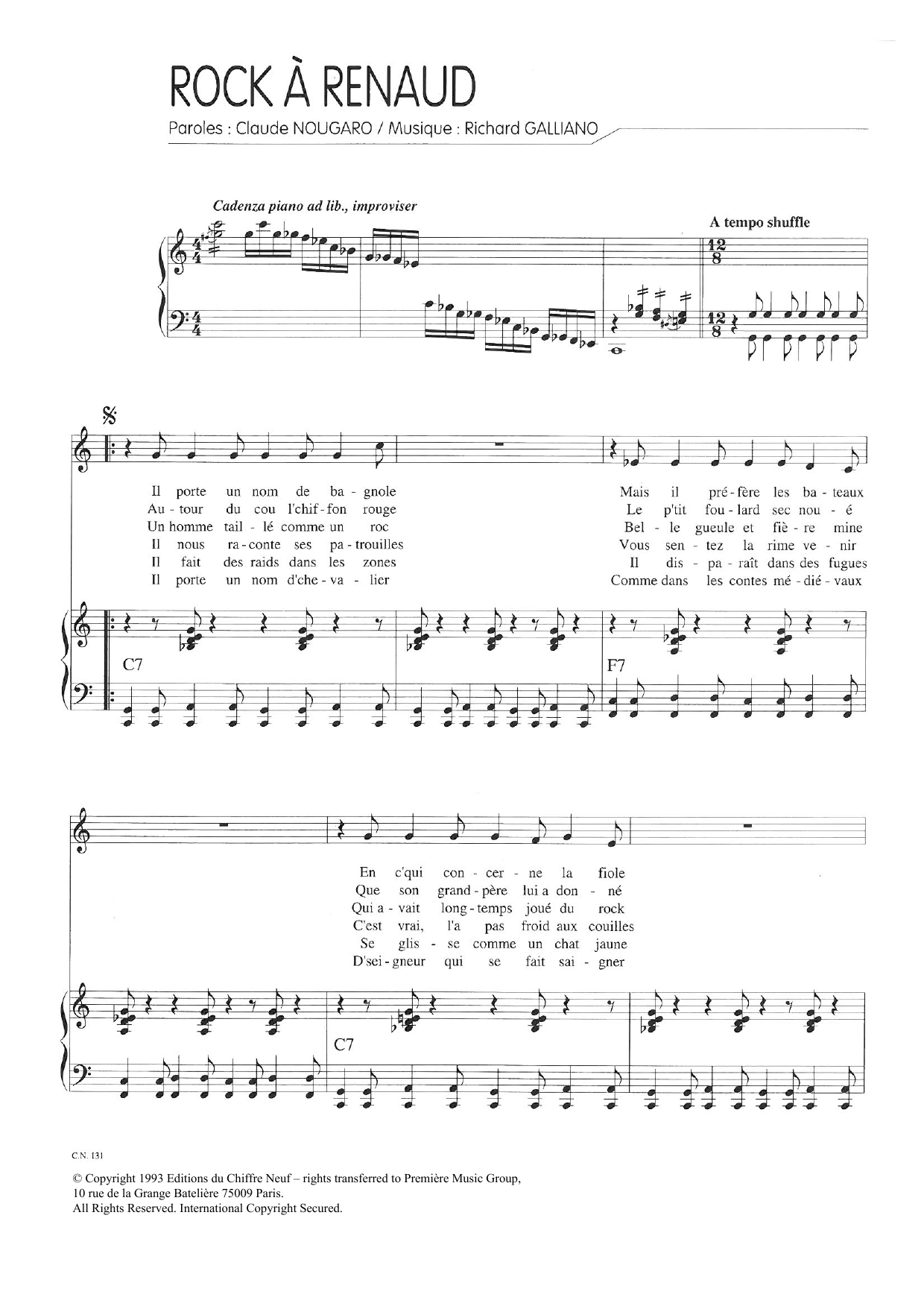 Claude Nougaro Rock A Renaud Sheet Music Notes & Chords for Piano & Vocal - Download or Print PDF