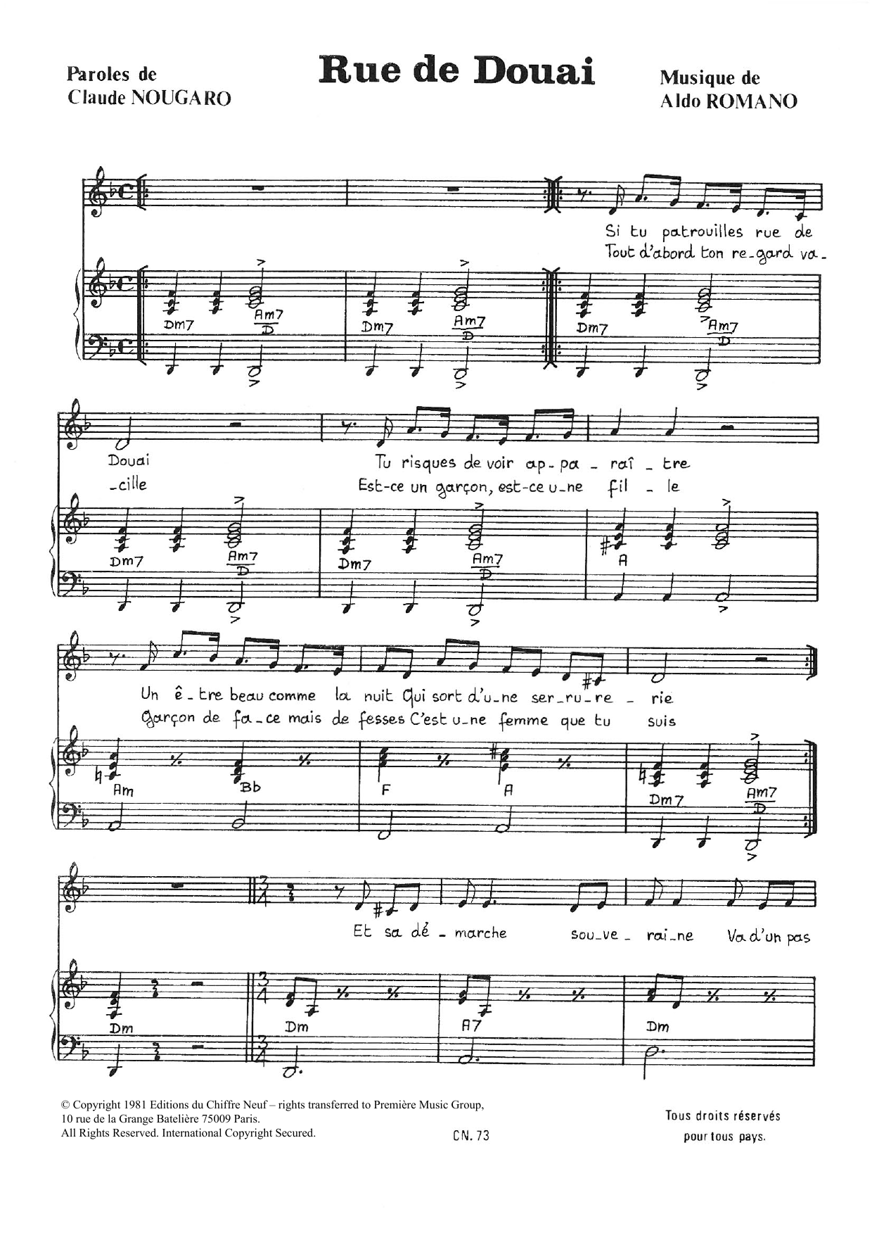 Claude Nougaro Rue De Douai Sheet Music Notes & Chords for Piano & Vocal - Download or Print PDF