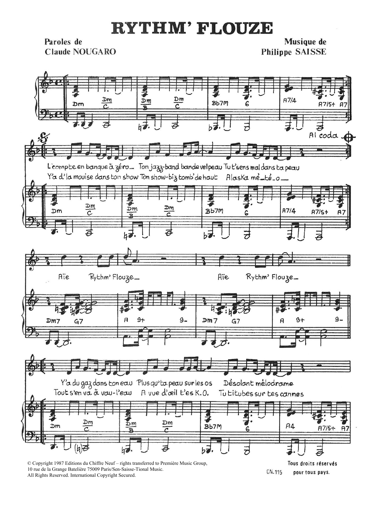 Claude Nougaro Rythm' Flouze Sheet Music Notes & Chords for Piano & Vocal - Download or Print PDF