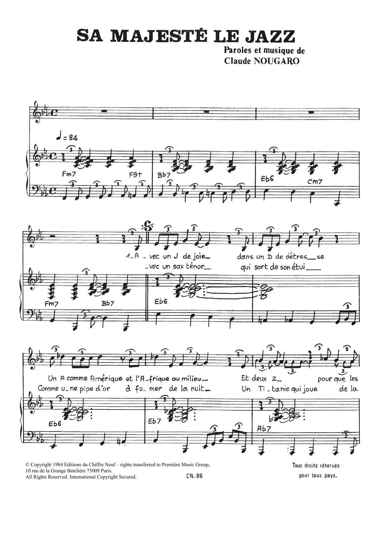 Claude Nougaro Sa Majeste Le Jazz Sheet Music Notes & Chords for Piano & Vocal - Download or Print PDF