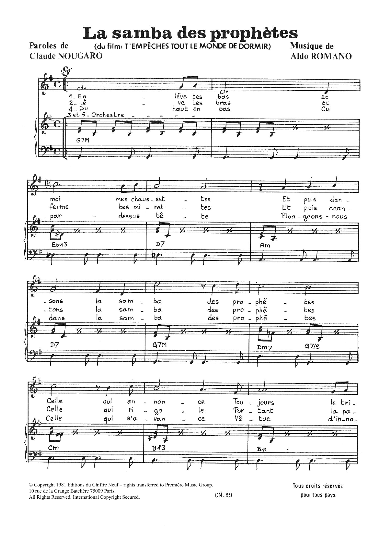 Claude Nougaro Samba Des Prophetes Sheet Music Notes & Chords for Piano & Vocal - Download or Print PDF