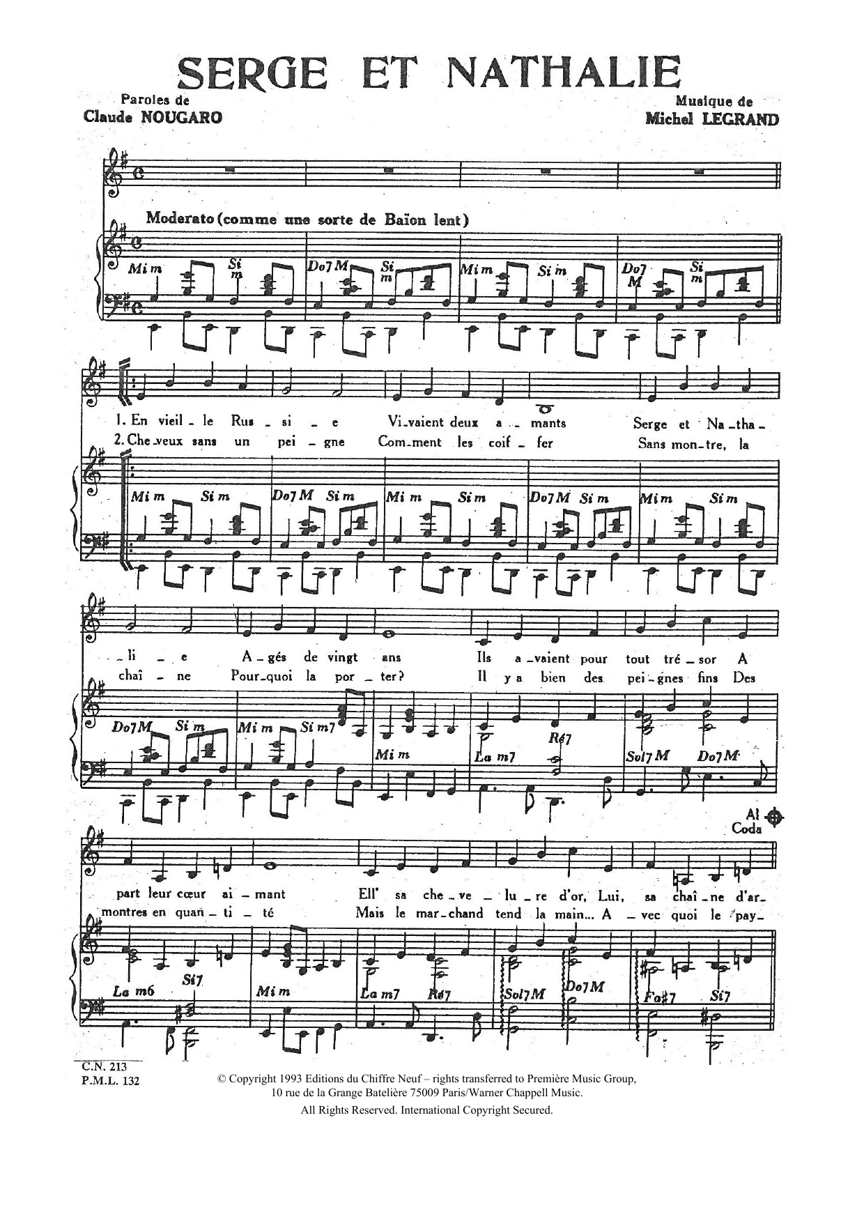 Claude Nougaro Serge Et Nathalie Sheet Music Notes & Chords for Piano & Vocal - Download or Print PDF