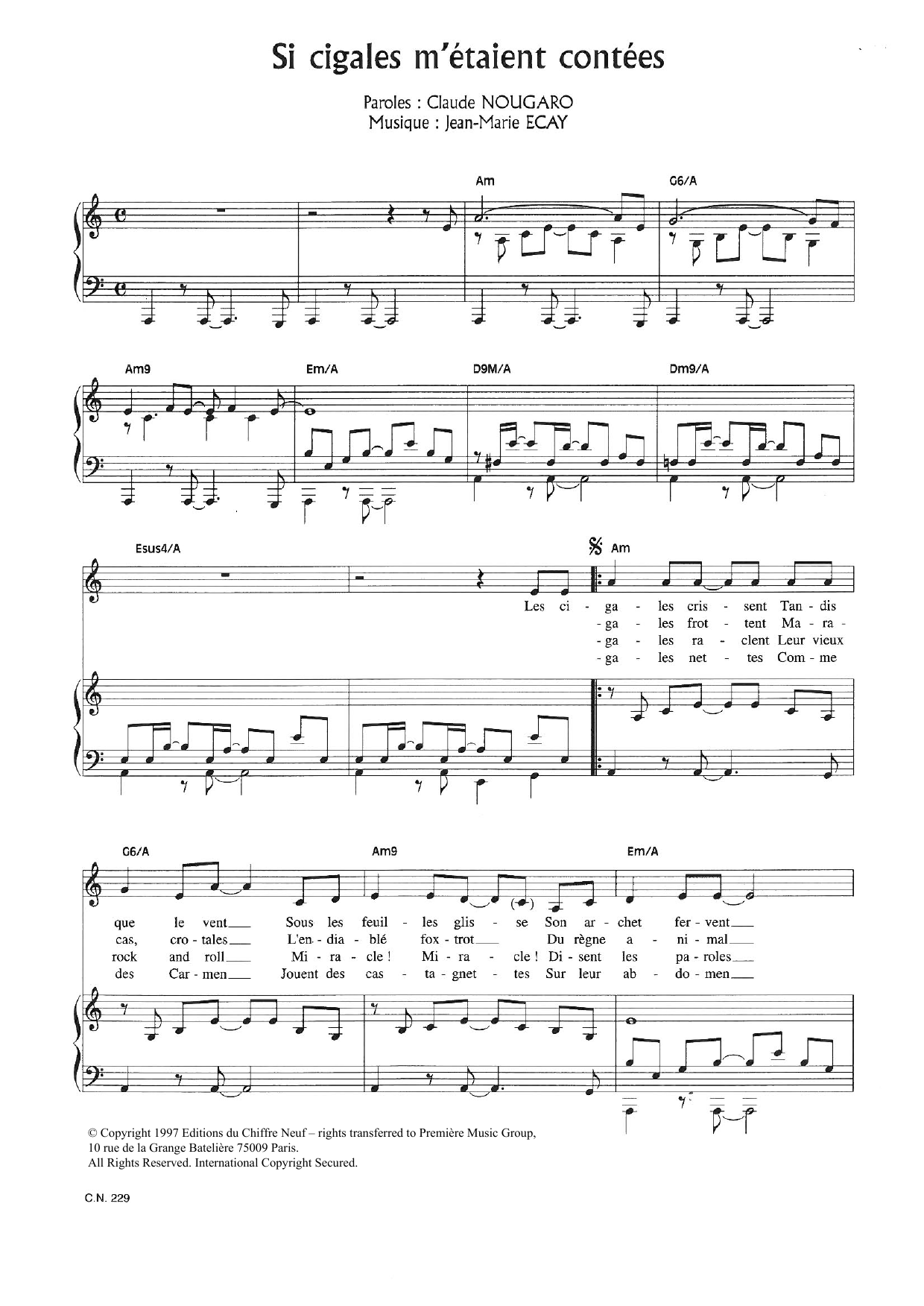 Claude Nougaro Si Cigales M'etaient Contees Sheet Music Notes & Chords for Piano & Vocal - Download or Print PDF